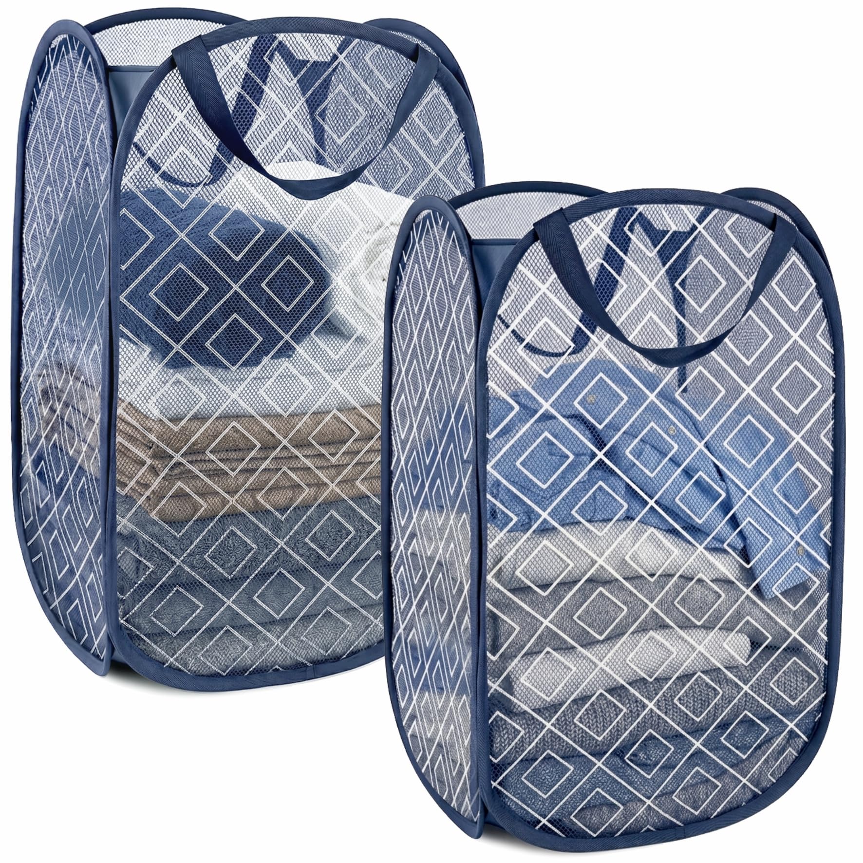 BOSNONA Pop Up Laundry Baskets 2 Pack 75L Pop Up Laundry Hamper Foldable Laundry Basket for Bedroom Dorm Travel(Navy Check(2 Vertical))