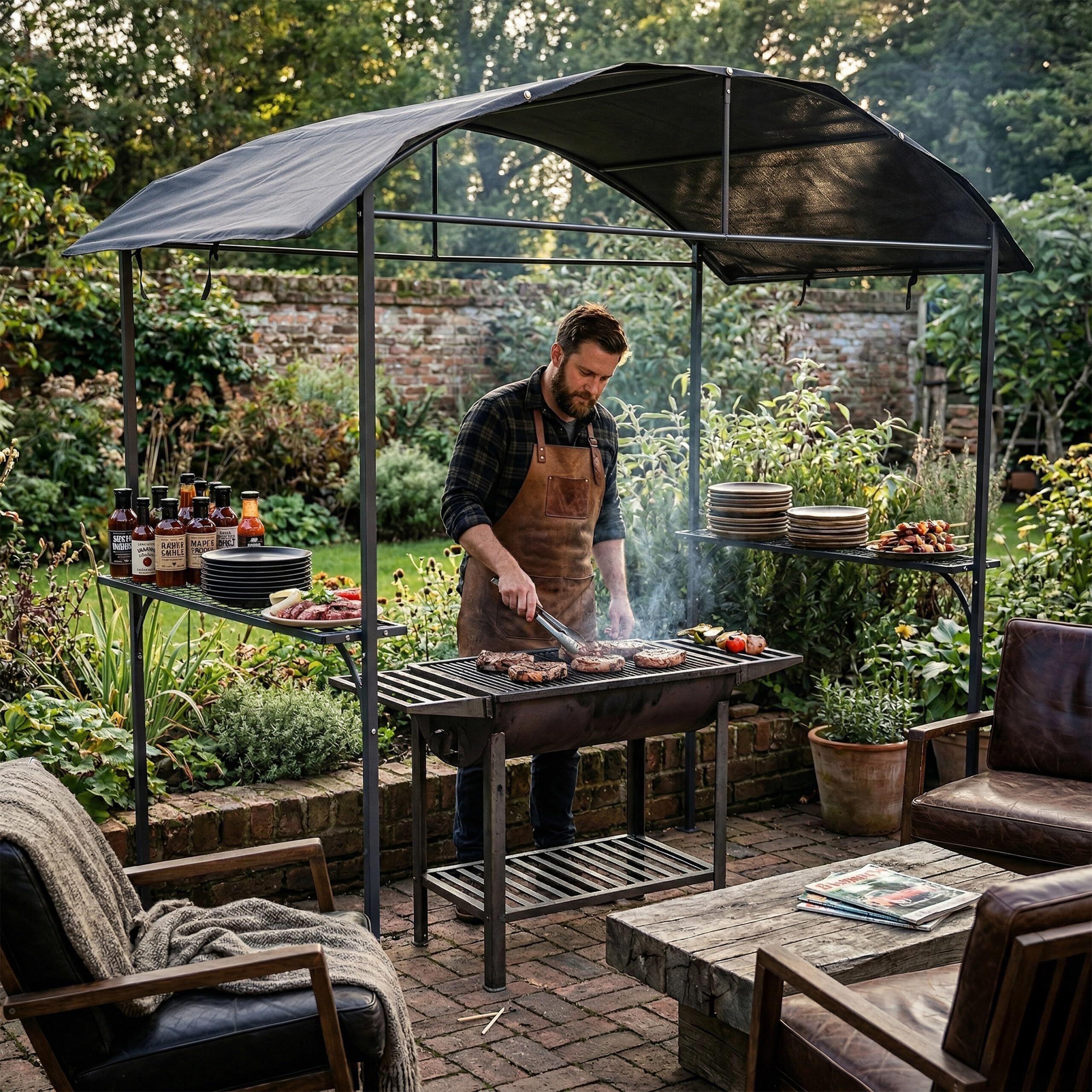Pavillon Barbecue Relaxdays - HxLxP 230×210×116 cm, étagères latérales, Acier/Polyester, Jardin, Anthracite