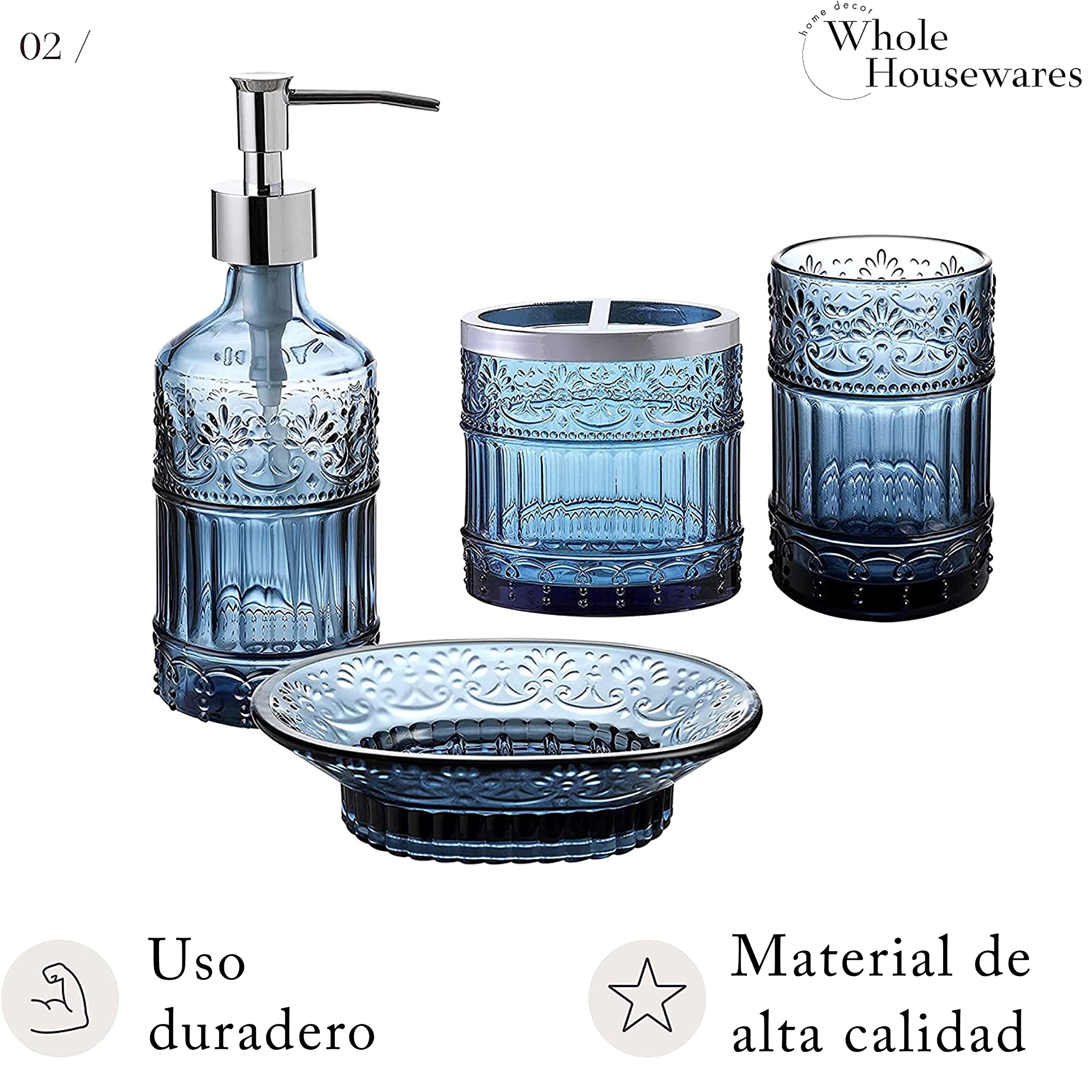 WHOLE HOUSEWARES | Juego de accesorios de baño de cristal decorativo (4 piezas) | Dispensador de jabón, bandeja, tarro, portacepillos de dientes | Elegante mosaico de cristal (azul)