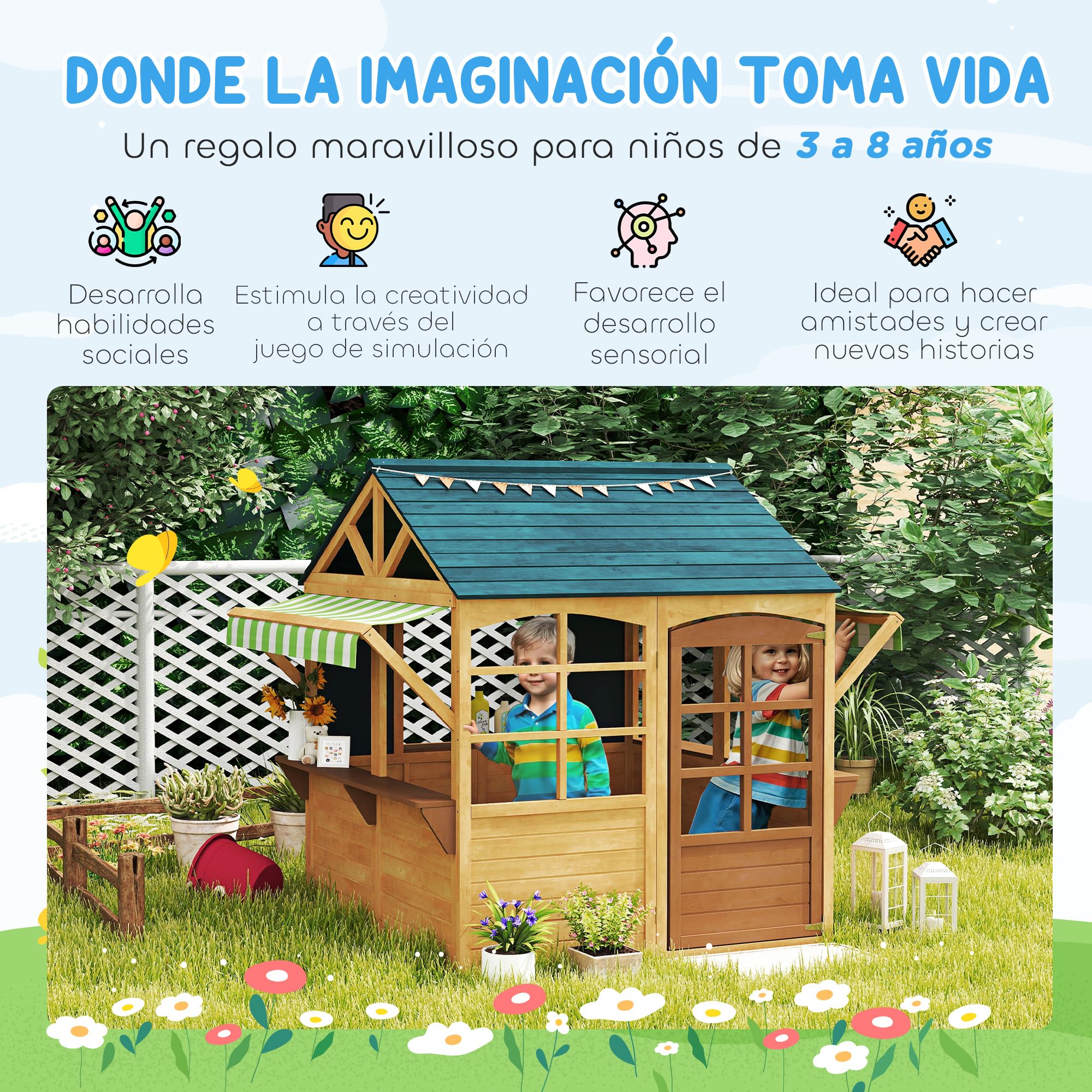 AIYAPLAY Casita Infantil Exterior Madera Plegable 2 Pizarras Ventanas Toldo Casa Jardín Juegos Niños 3 Años