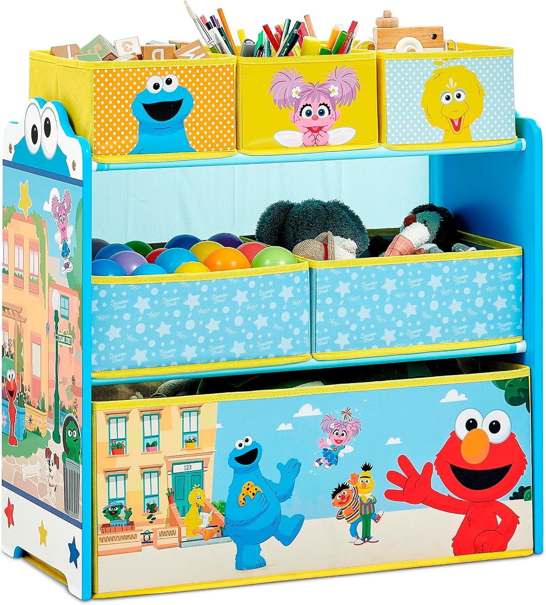 Delta Children - Organizador de almacenamiento de juguetes con 6 contenedores de diseño y tienda de Barrio Sésamo - Certificado Greenguard Gold, azul
