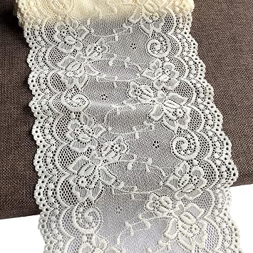 Lace Realm LaceRealm 7 Inch Wide Floral Stretchy Lace Elastic Trim Fabric for Garment and DIY Craft Supply- 5 Yard 7018 Ivory