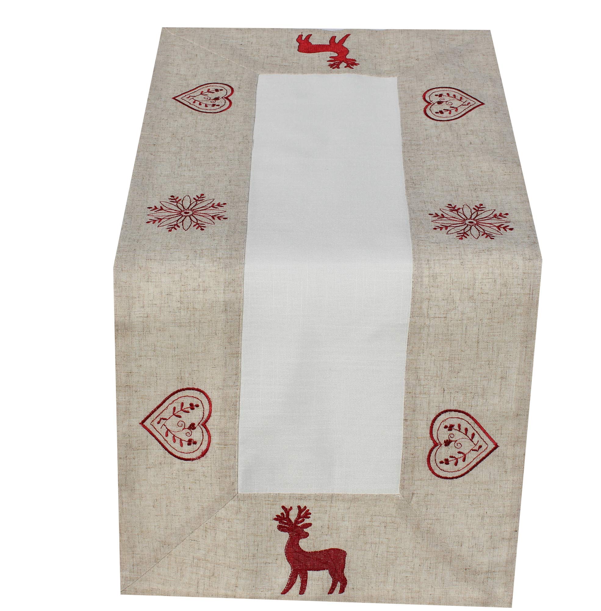 Table Runner – Deer – Beige and White Red Embroidered Very Beautiful Festive Embroidery for Winter Christmas Table Cloth Size: 40 x 90 cm