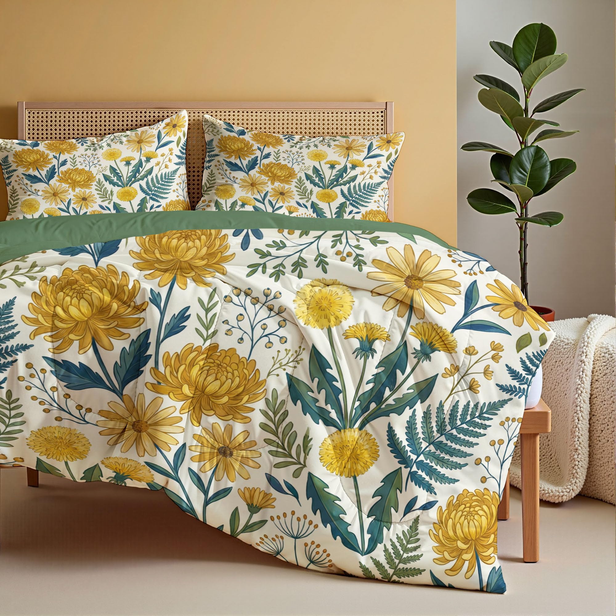 Chrysanthemen Löwenzahn Farne Bettdecke Ohne Bezug 140x200cm | 4 Jahreszeiten Warme & Weiche Bettdecken - Vintage Handbemalte Blumen Steppdecke Ohne Bezug Nutzbar Schlafzimmer Deko Mit 2 Kissenbezug