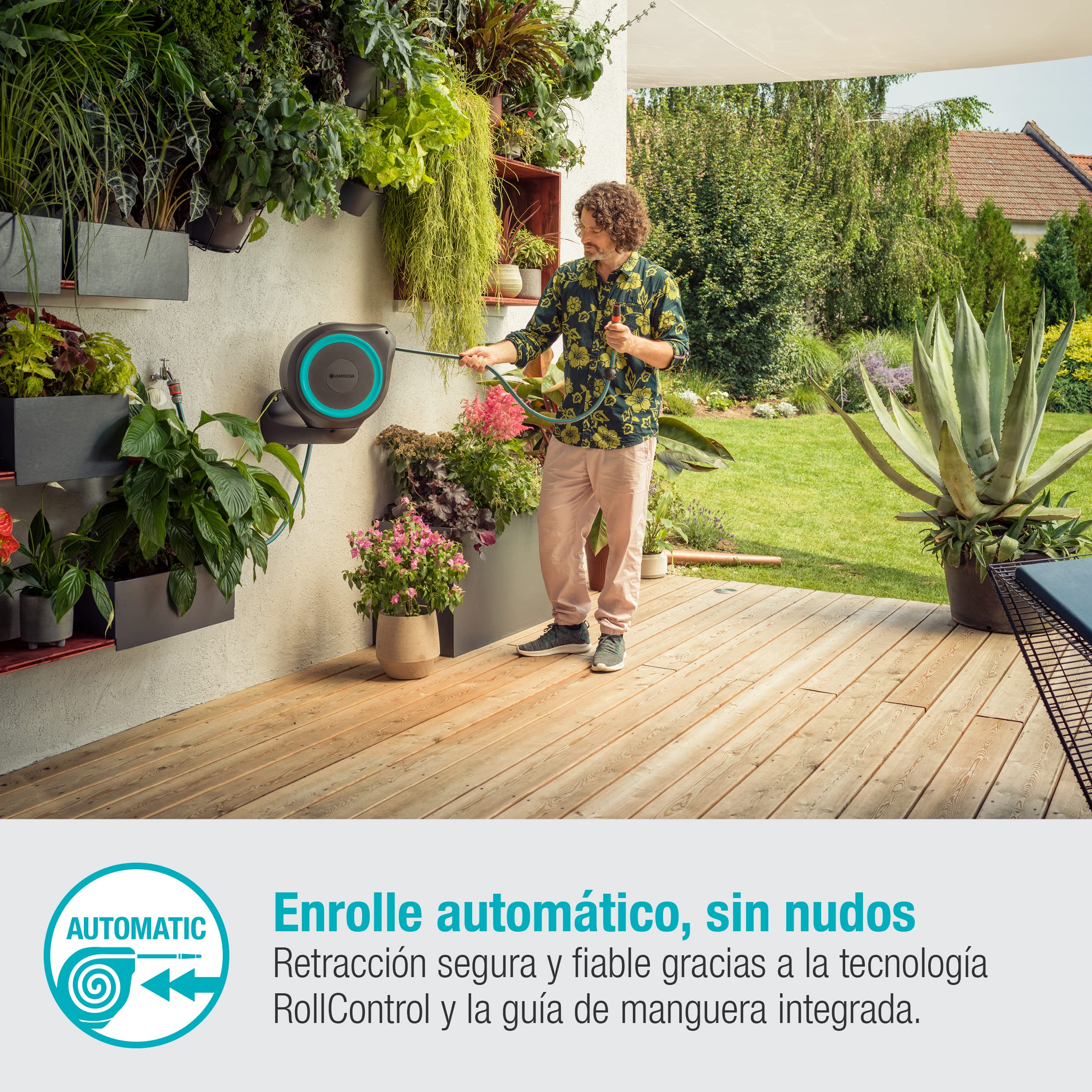 Gardena Carrete de Manguera para Pared Rollup M de 20 M: Riego Flexible Jardines Medianos, Tambor Giratorio, Soporte de Pared, Piezas de Sistema y Aspersor, Incluye Gardena Manguera 20 M (18610-20)