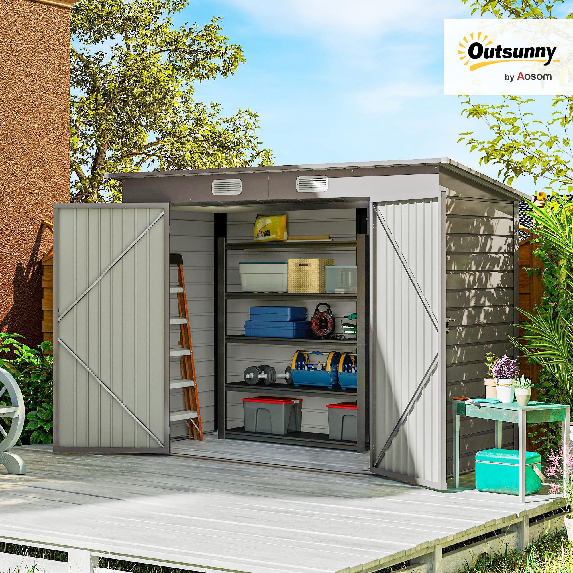 Outsunny 8 x 4FT Caseta Jardín Fácil Montaje Puerta Bloqueable Gris Claro