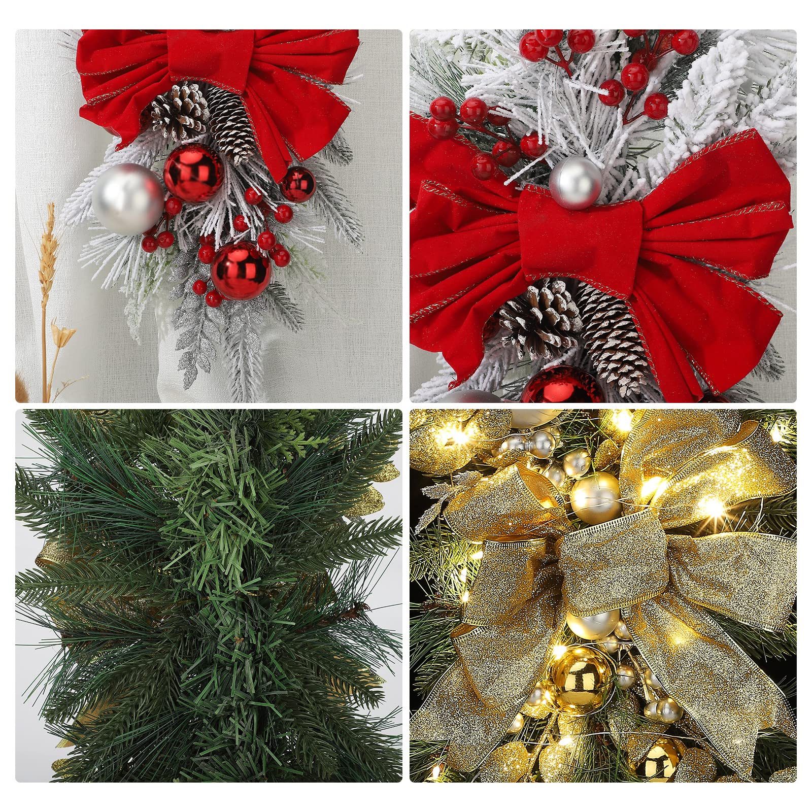 Decoraciones Navideñas para Escaleras, Guirnalda Iluminada para Escalera con Luces de Cadena, Guirnalda Navideña Iluminada Artificial de Bayas para Pared (Dorada), 60x35cm/13.8x23.6 pulgadas