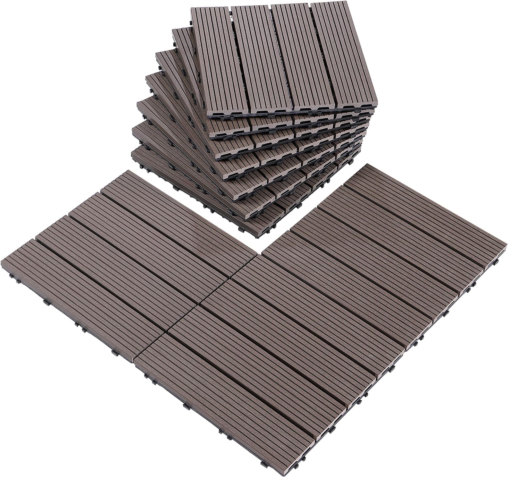 PURE ERA Wood Composite Interlocking Floor Deck Tiles Indoor Outdoor Use 12"x12" (10Pcs, 10 sq. Ft, Brown) - Great Upgrade to Patio Backyard Pathway