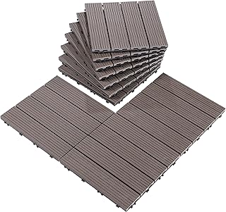 PURE ERA Wood Composite Interlocking Floor Deck Tiles Indoor Outdoor Use 12"x12" (10Pcs, 10 sq. Ft, Brown) - Great Upgrade to Patio Backyard Pathway