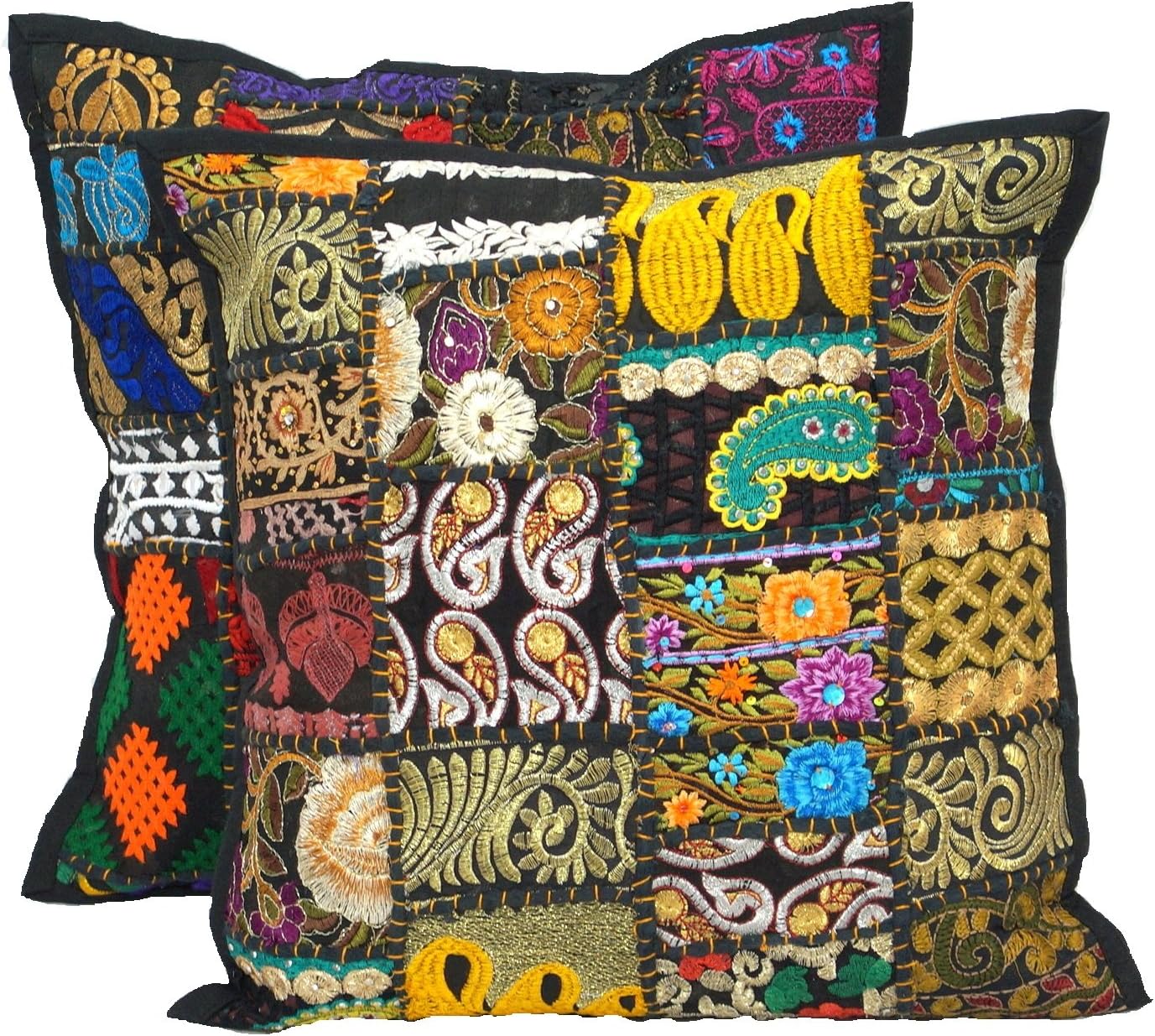 2pc Indian Ethnic Pillow Covers , Sari Patch Throw Handmade Patchwork Cushion Pillow , Embroidered Sari Patchwork Cushion Cover 16x16" Pillow Bohemian Black