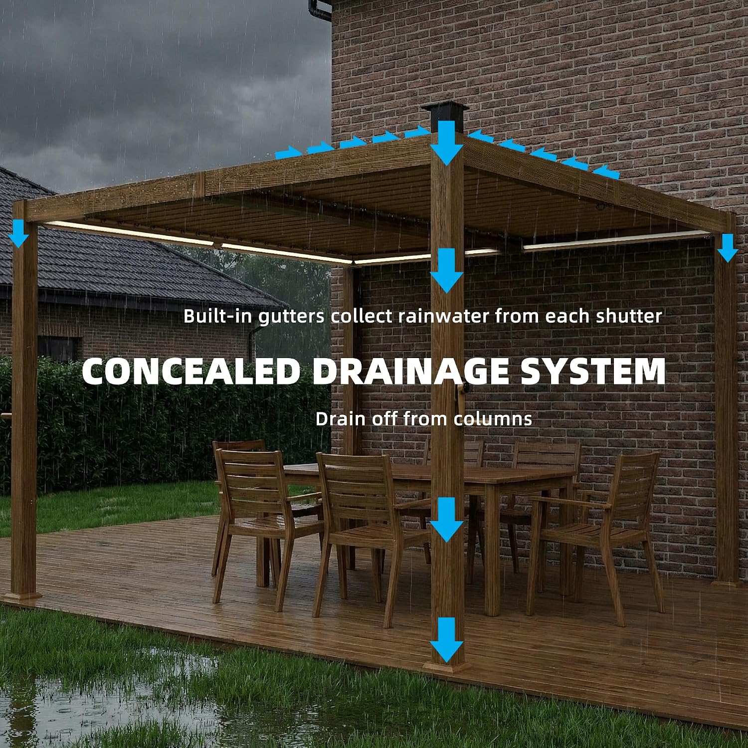 Close-up of adjustable louvered roof on a wood grain aluminum pergola