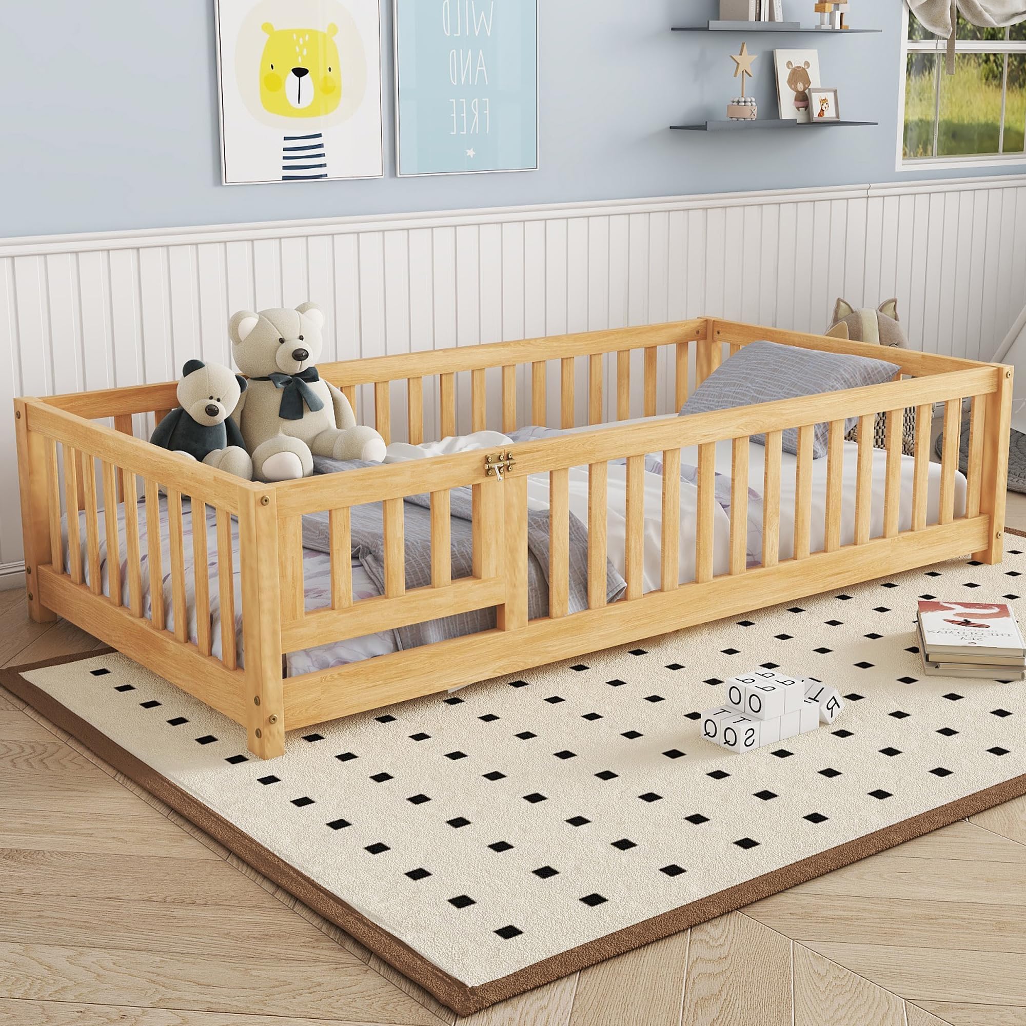 Bellemave Twin Floor Bed Frame with Slats and Safety Guardrail, Wood Twin Size Montessori Floor Bed with Door and Fence, Easy Assemble Montessori Beds for Kids, Girls, Boys, Natural