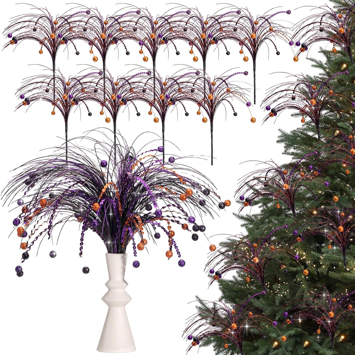 Suncalla 9 Pcs Halloween Floral Picks 17.7 Inch Artificial Glitter Stems Halloween Tree Vase Filler Decoration Purple Orange Black Table Centerpiece Decor Sprays Picks for Wreath Party Home