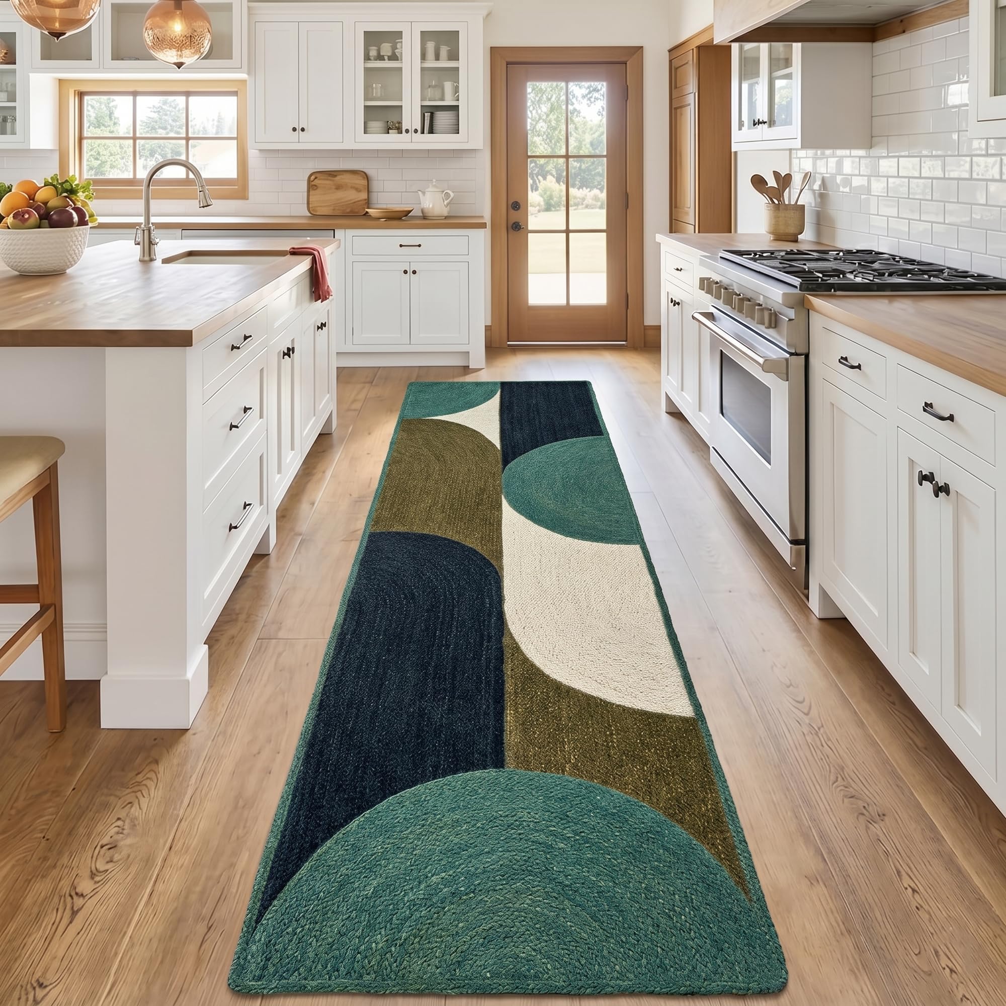 Tapis de couloir en fibre naturelle bleu motif géométrique fait main 0,7cm