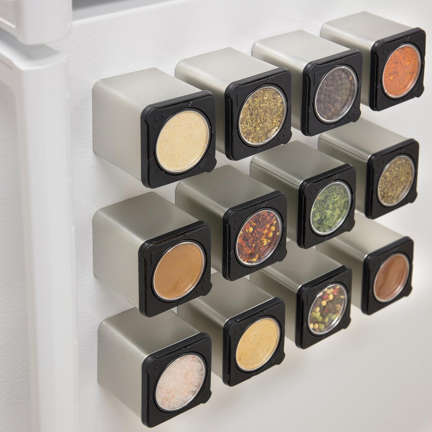 Magnetic Spice Jars - Tins Attach to Most Refrigerator Doors - Shake or Pour Containers (Set of 3 Dispensers)- Easy Open Window Top Shakers