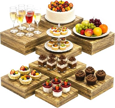 8 Pack Paulownia Wood Buffet Risers, Multi-Size Food Display Stands