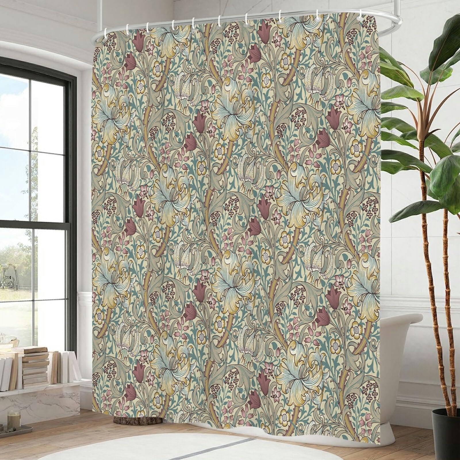 UIYIUI Floral Shower Curtain 47x94in-120x240cm William Morris Vintage Flowers Bathroom Curtains, Abstract Botanical Bohemian Country Polyester Waterproof Fabric Bathtub Curtain for Bathroom Hotel
