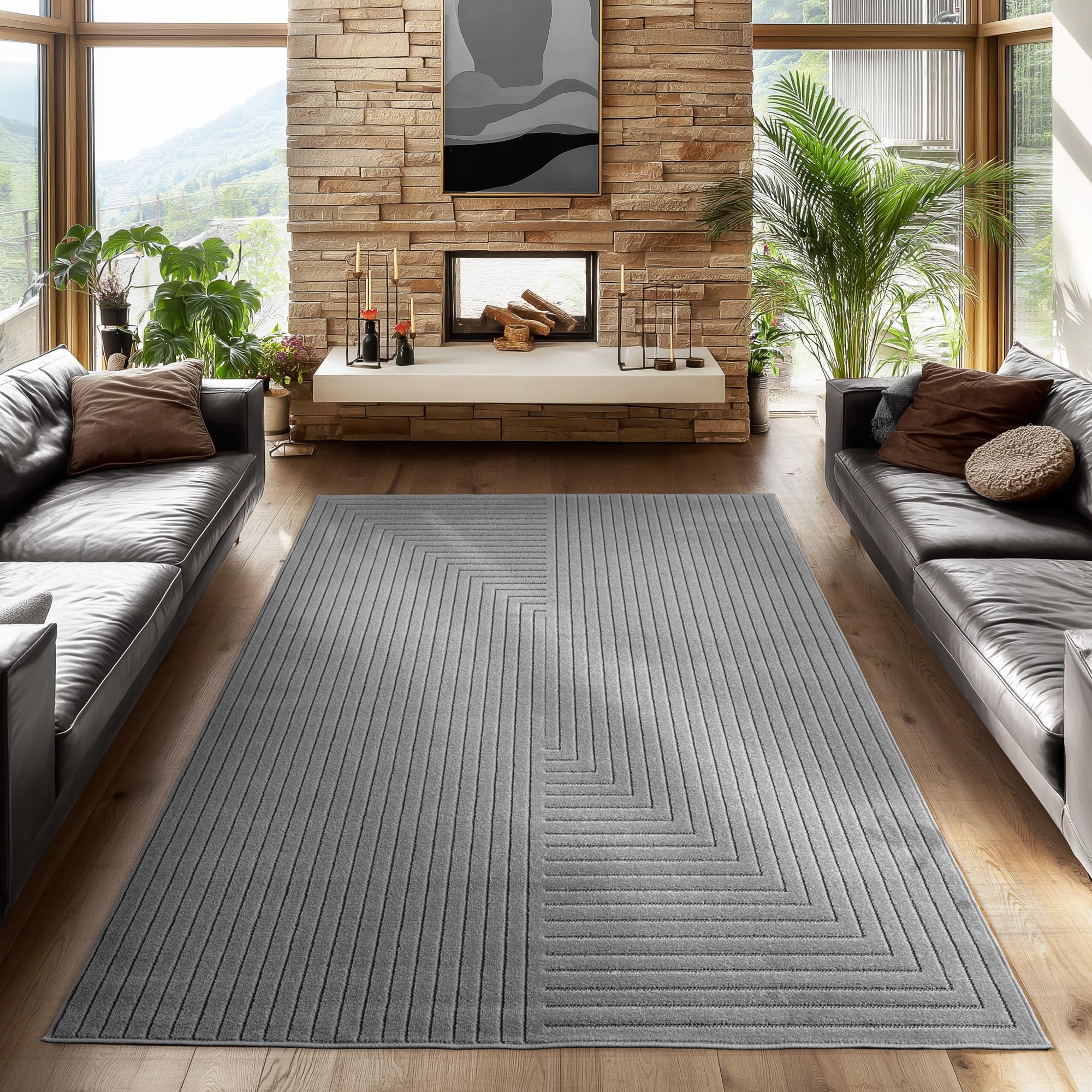 SIMPEX Kurzflor Teppich Wohnzimmer, Schlafzimmer, Küche, 3D Hoch-Tief-Effekt, Skandinavisch Boho Motiv, für Outdoor Bereich geeignet Terrassen oder im Balkon