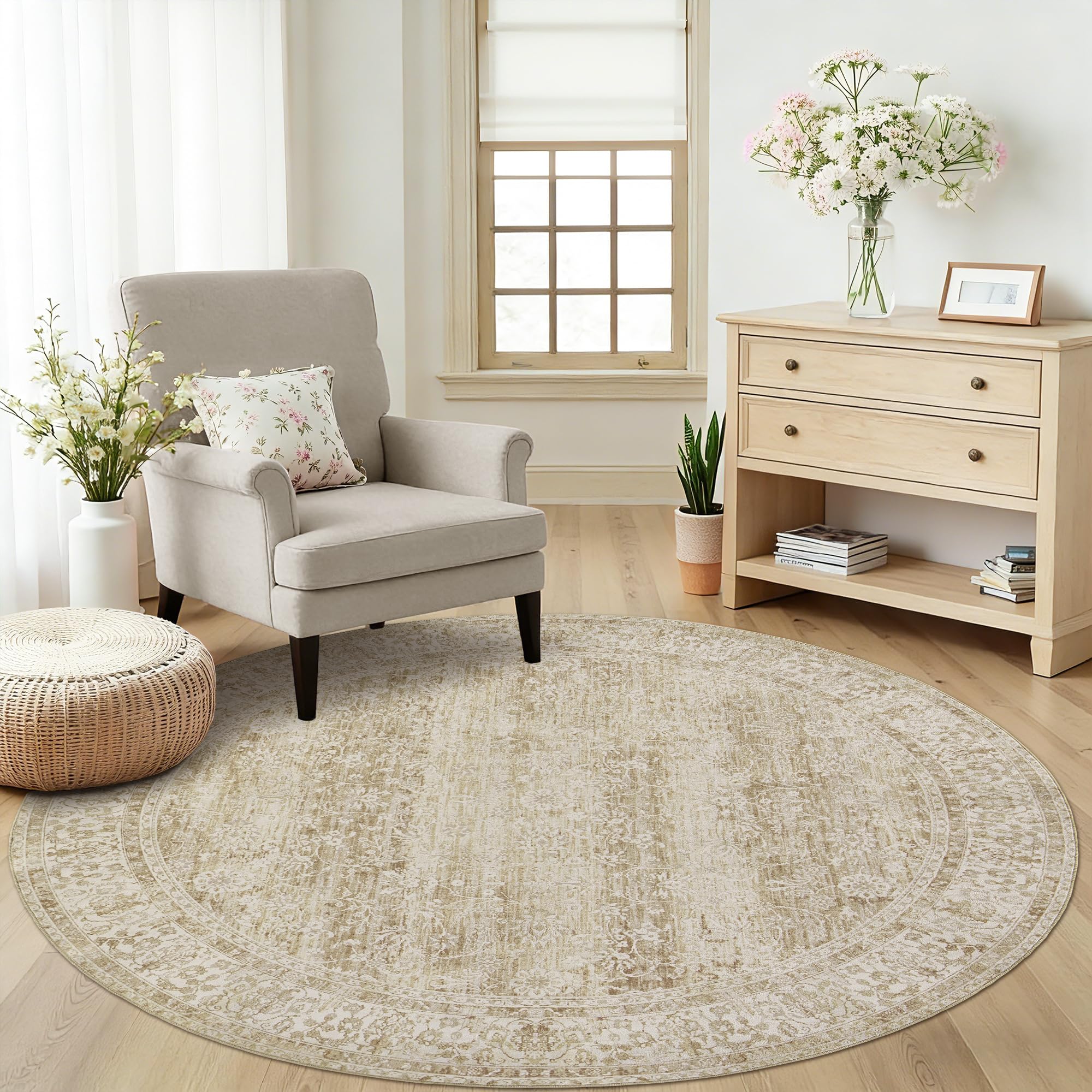 BILEEHOME Cream&Light Tan Area Rug Vintage Rug Indoor Floor Cover Floral Print Circle Rug 4' Round โ image 1