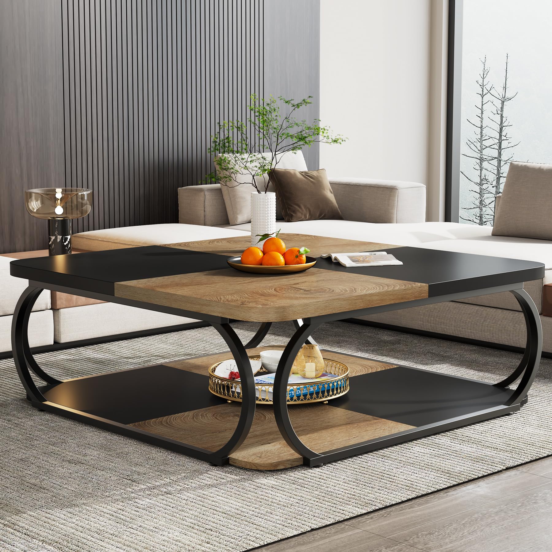Tribesigns Tavolino da Salotto Quadrato, 100 x 100 x 50 cm, Tavolino in Legno, Tavolino da Salotto Industriale, Marrone Luce Nera