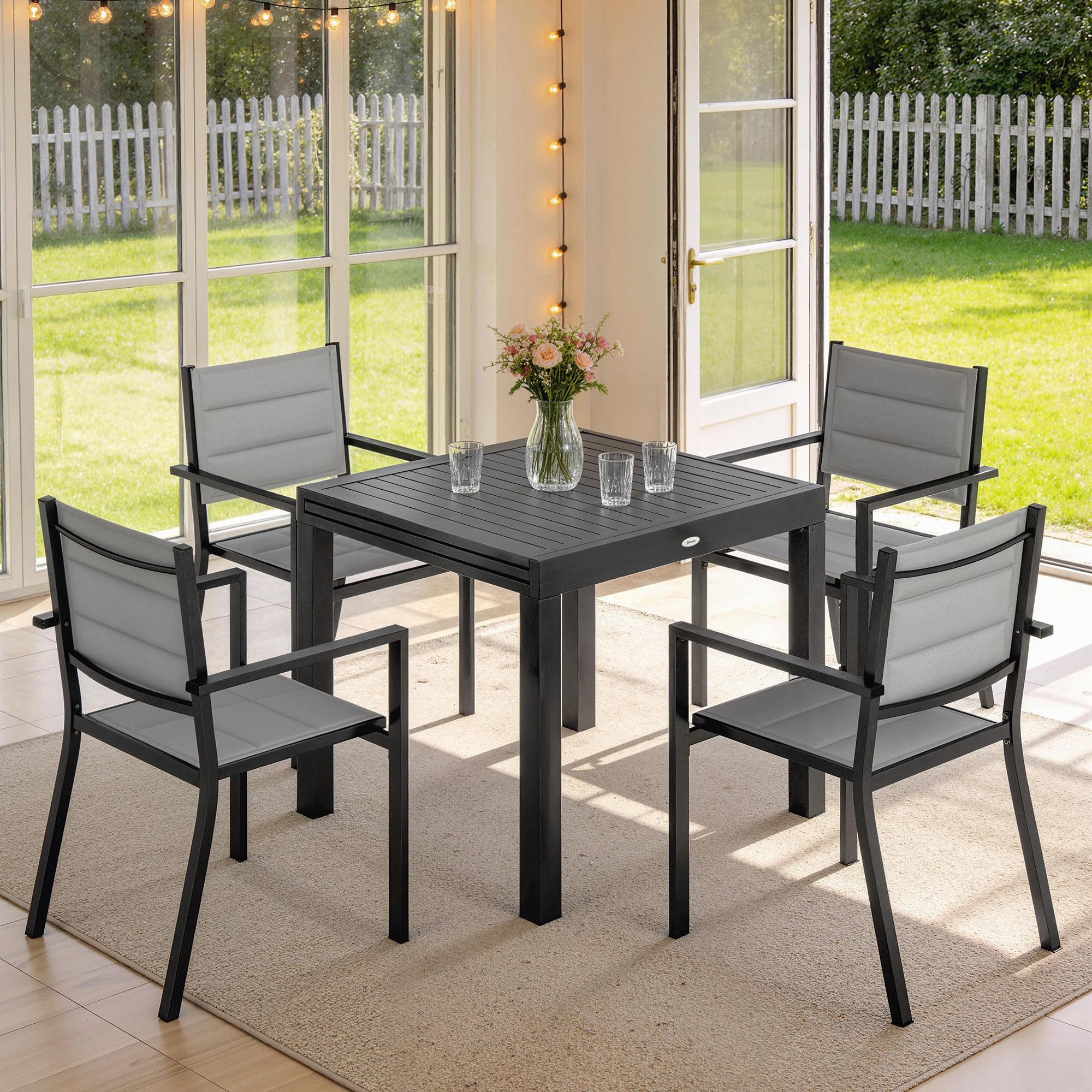 Outsunny Salon de Jardin 7 Pièces Table Extensible Aluminium - Ensemble Mobilier de Jardin avec 6 Chaises Empilables Textilène Rembourré - Meuble pour Terrasse Extérieur et Repas de Famille, Gris