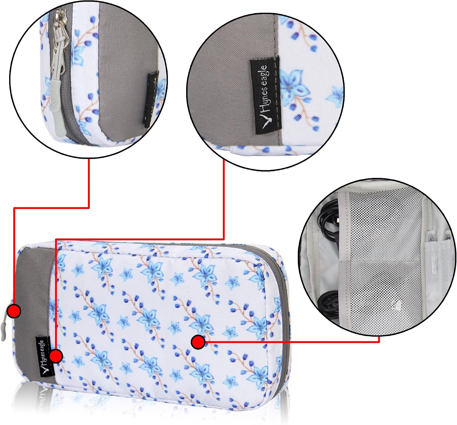 Hynes Eagle Cord Organizer Small Electronics Case Gadget Pouch Phone Accessories Storage Bag Blue Flowers