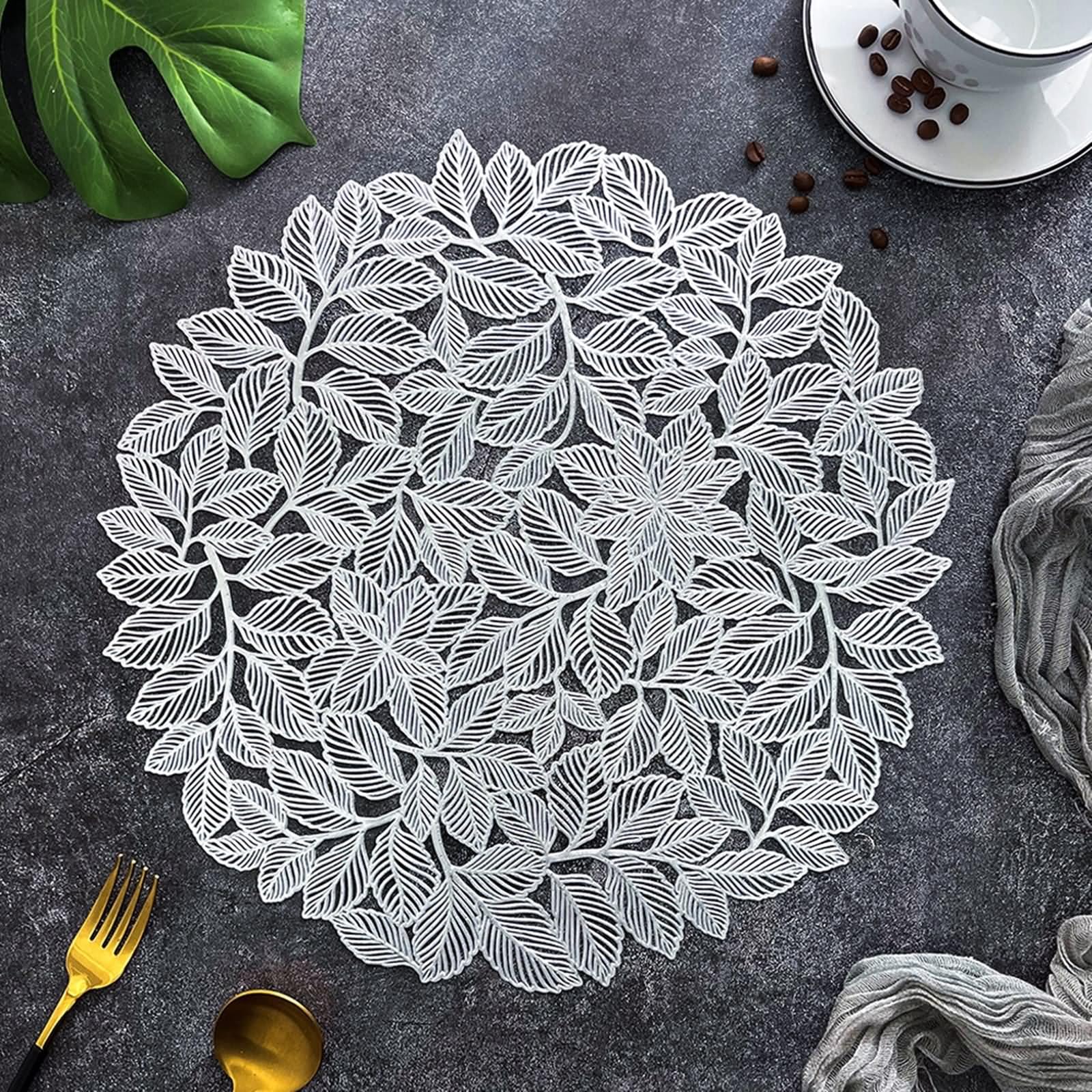 Tischset Herbst PVC, Platzset 6er Set 38cm Muster Aus Hohlen Ulmenblättern Silber für Küche Restaurant Speisetisch