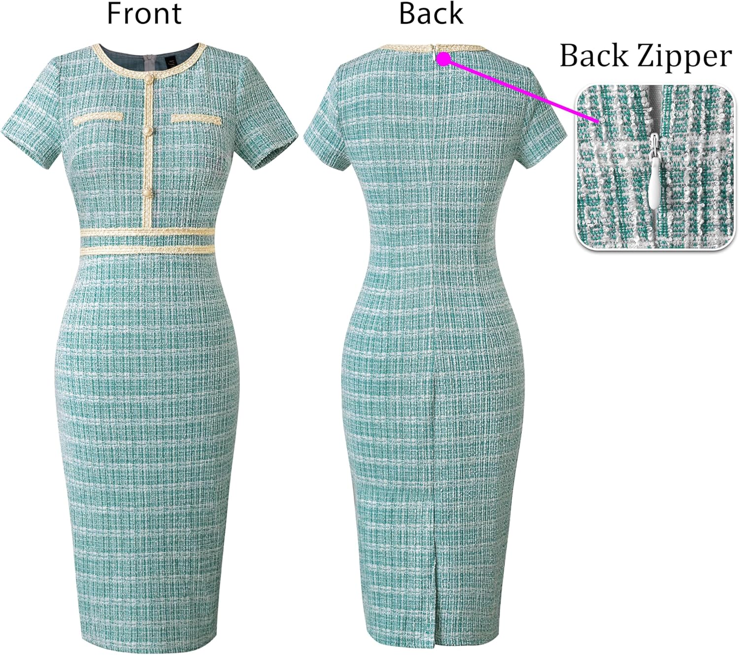 VFSHOW Womens Crew Neck Button Business Work Office Bodycon Dress Short Sleeve Patchwork Tweed Trim Party Pencil Sheath Dress - Image 4