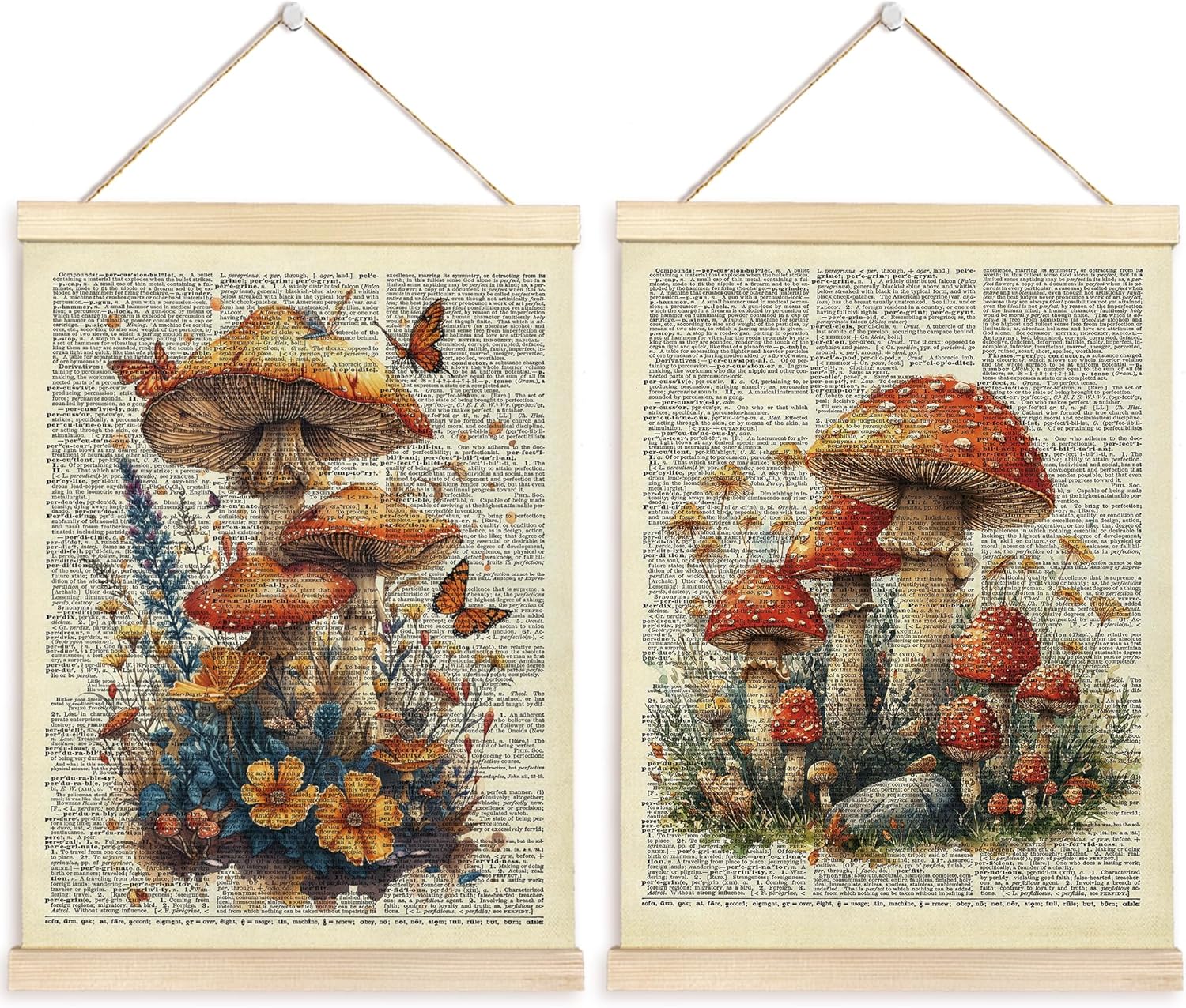 TAEDIN Mushroom Wall Art Poster Hanger Frame Set of 2 - Rustic Botanical Buterfly Wall Decor with Wood Frames, Vintage Retro Decor for Farmhouse Kitchen Living Room Home, 12x16 Inches