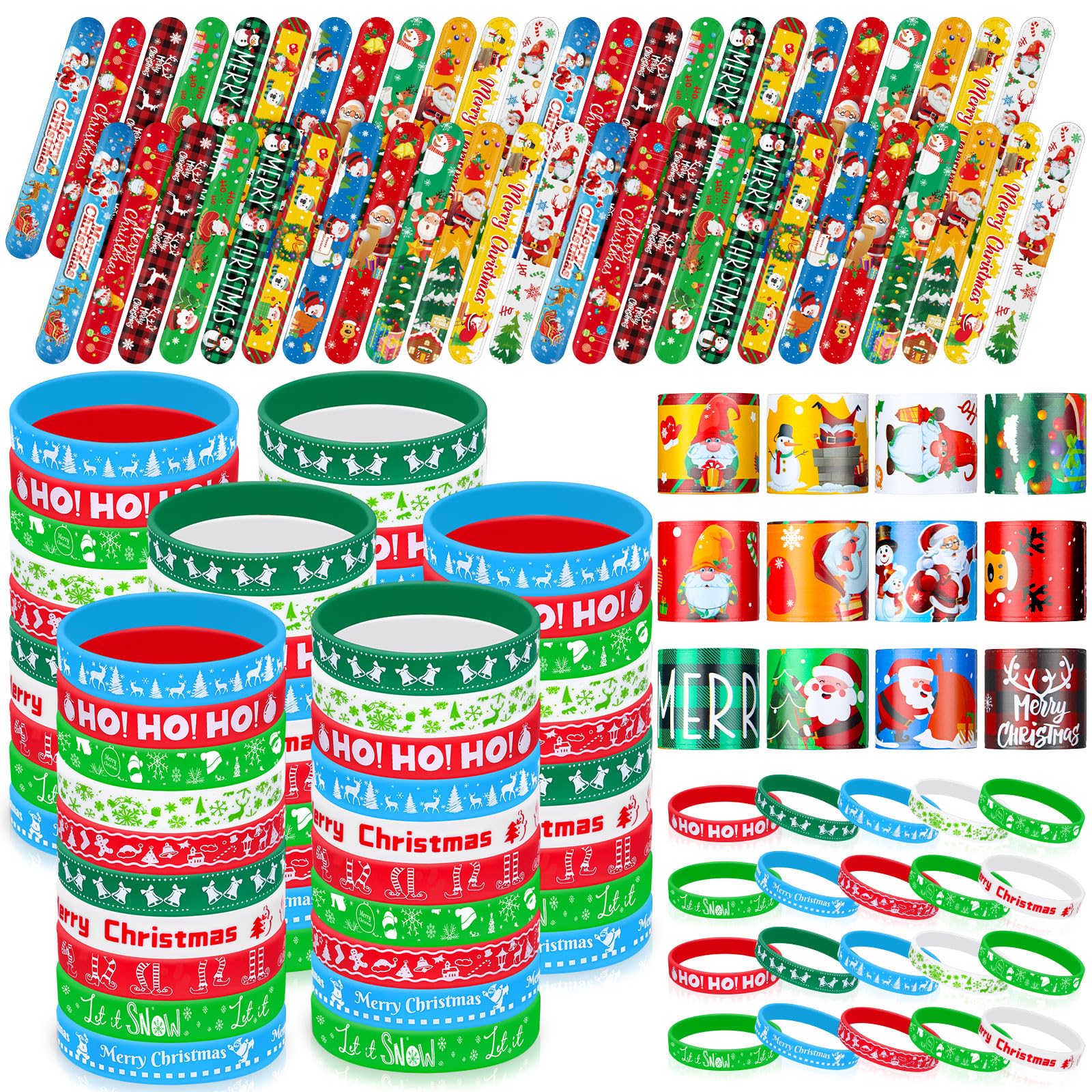 Wettarn 240 Pcs Christmas Party Favors Christmas Slap Bracelets for Rubber Wristbands Bulk Silicone Bracelets Assorted Party Supplies for Prize Gifts