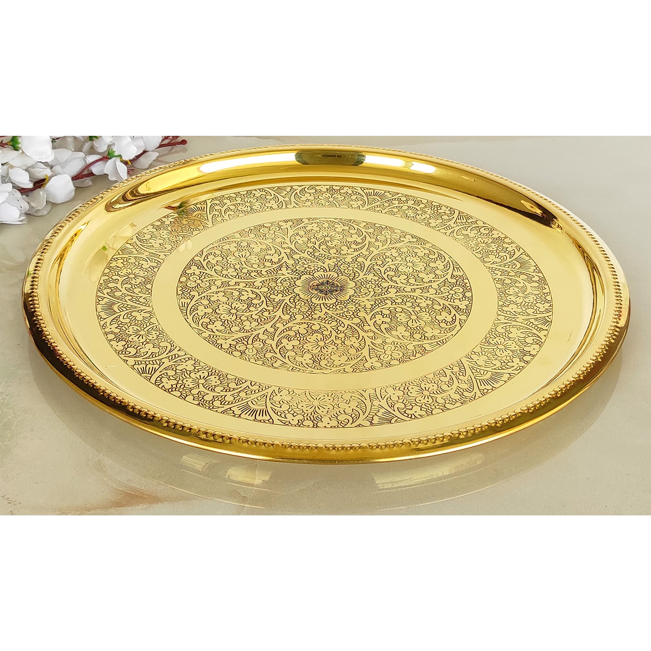 Brass Floral Thali Plate - Indian Art Villa -2