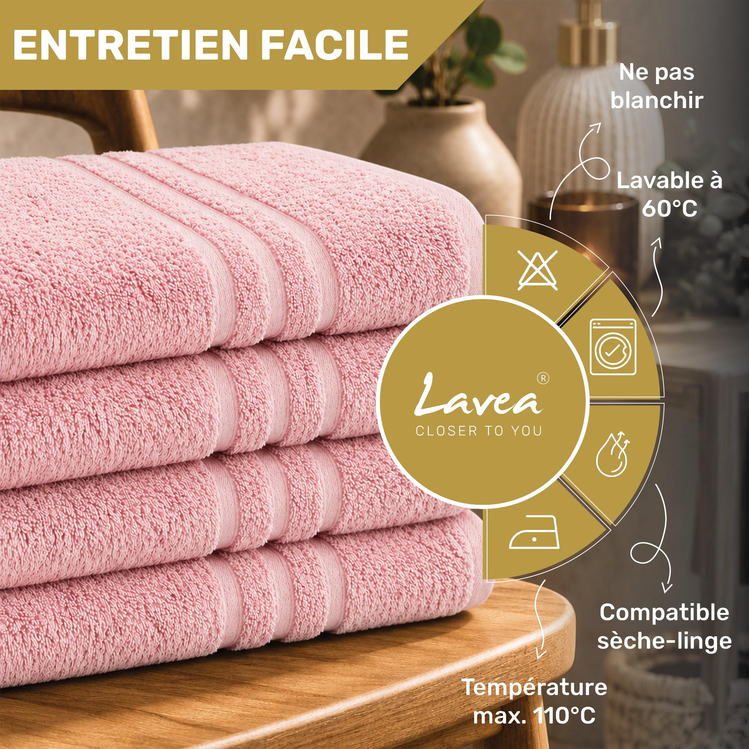 Lavea® Lot de 8 Serviettes de Bain 50x100 cm 100% Coton – Douces et Absorbantes – Parfaites comme Serviette Main, Essuie-Main ou Visage pour Maison, Hôtel et Spa – Rose Pastel