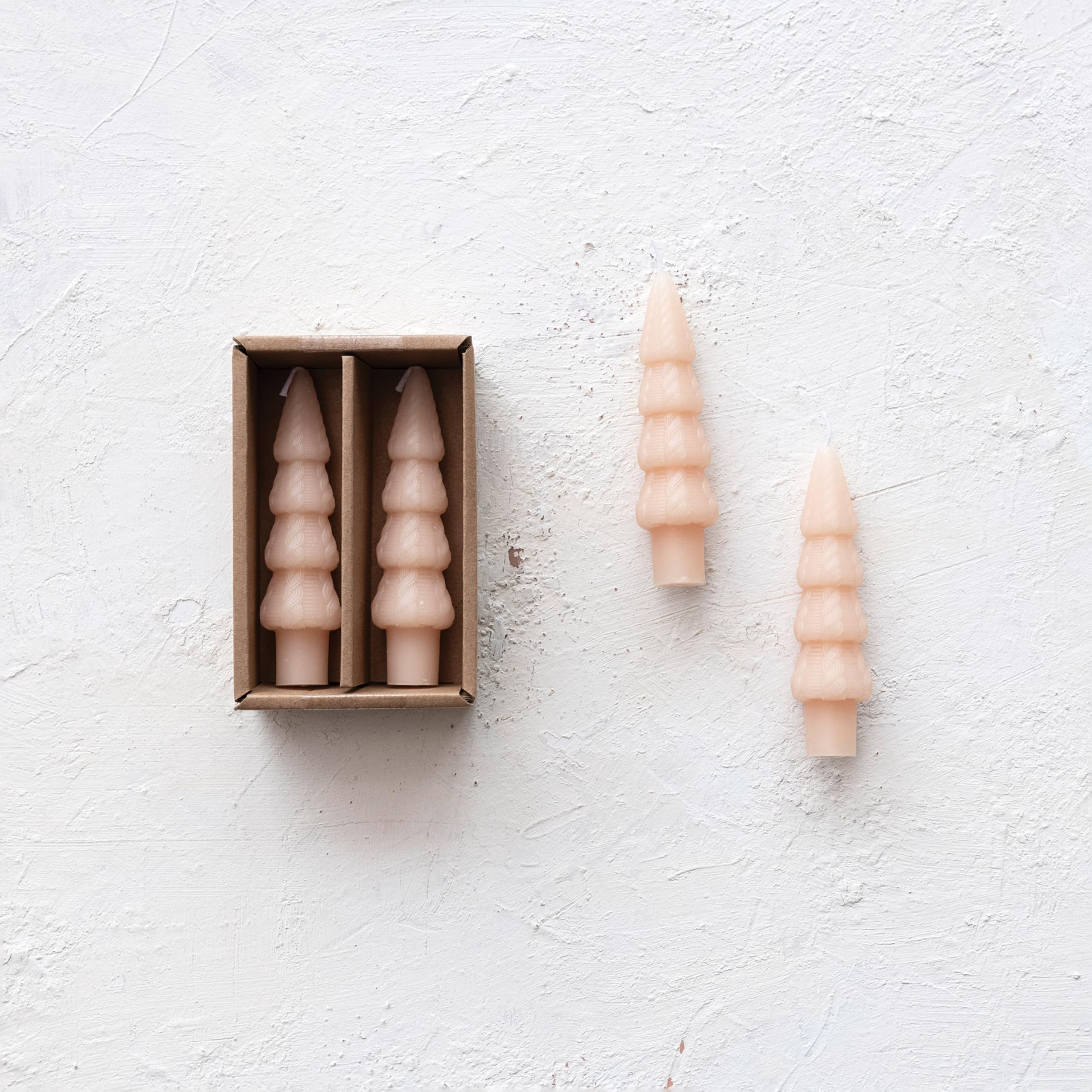 Creative Co-Op Unscented Tree Shaped Taper Candles in Box, Blush Color, Set of 2
