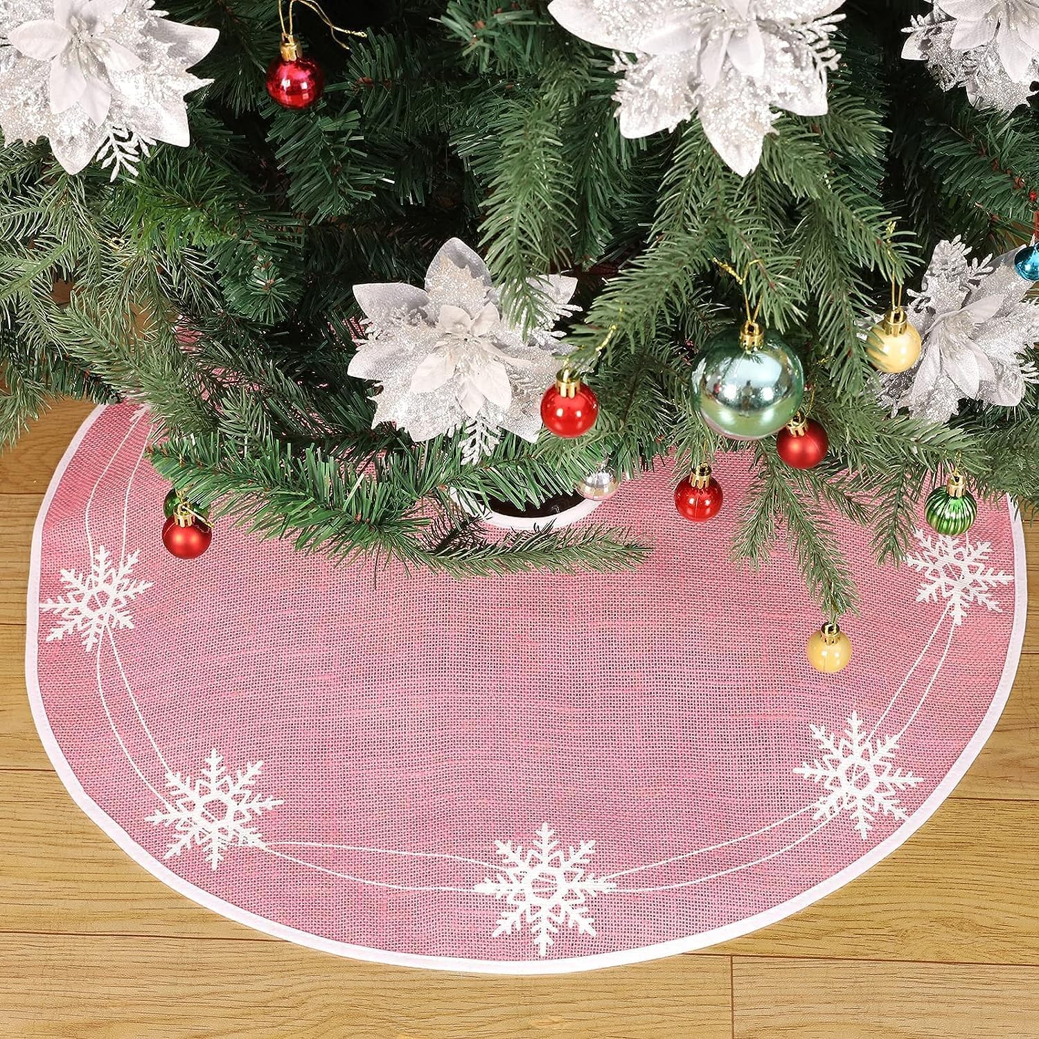 N&T NIETING - Falda de árbol de Navidad de 75 cm con copo de nieve rosa en yute - Decoración para Navidad