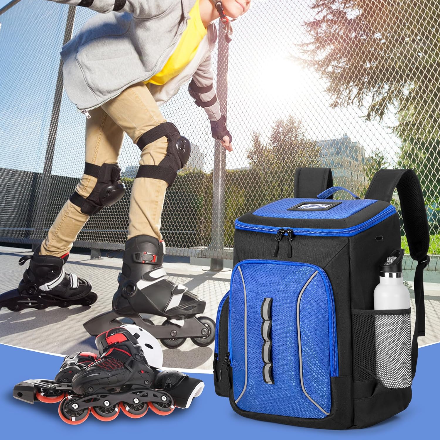 DSLEAF Roller Skate Bag with Large Capacity, Ice Skate Bag Backpack Holds Shoes Up to US Men Size 13, Figure Skate Bag with Multiple Pockets for Inline, Figure, Quad, Speed, Hockey Skating