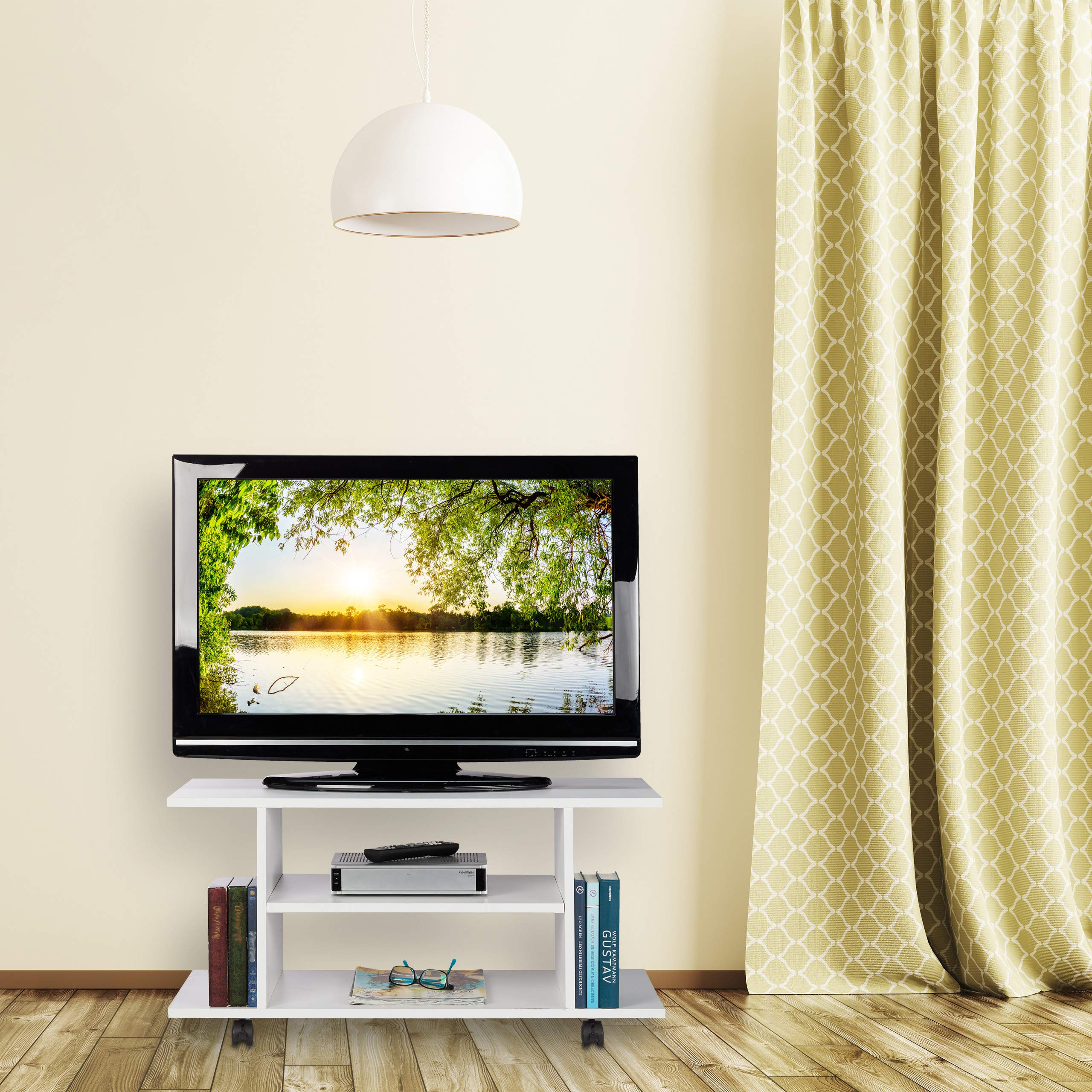 Relaxdays Mobiletto Porta TV con Ruote, 4 Ripiani Aperti, per Apparecchi Elettronici, CDs, DVDs, HLP 40x80x40, Bianco