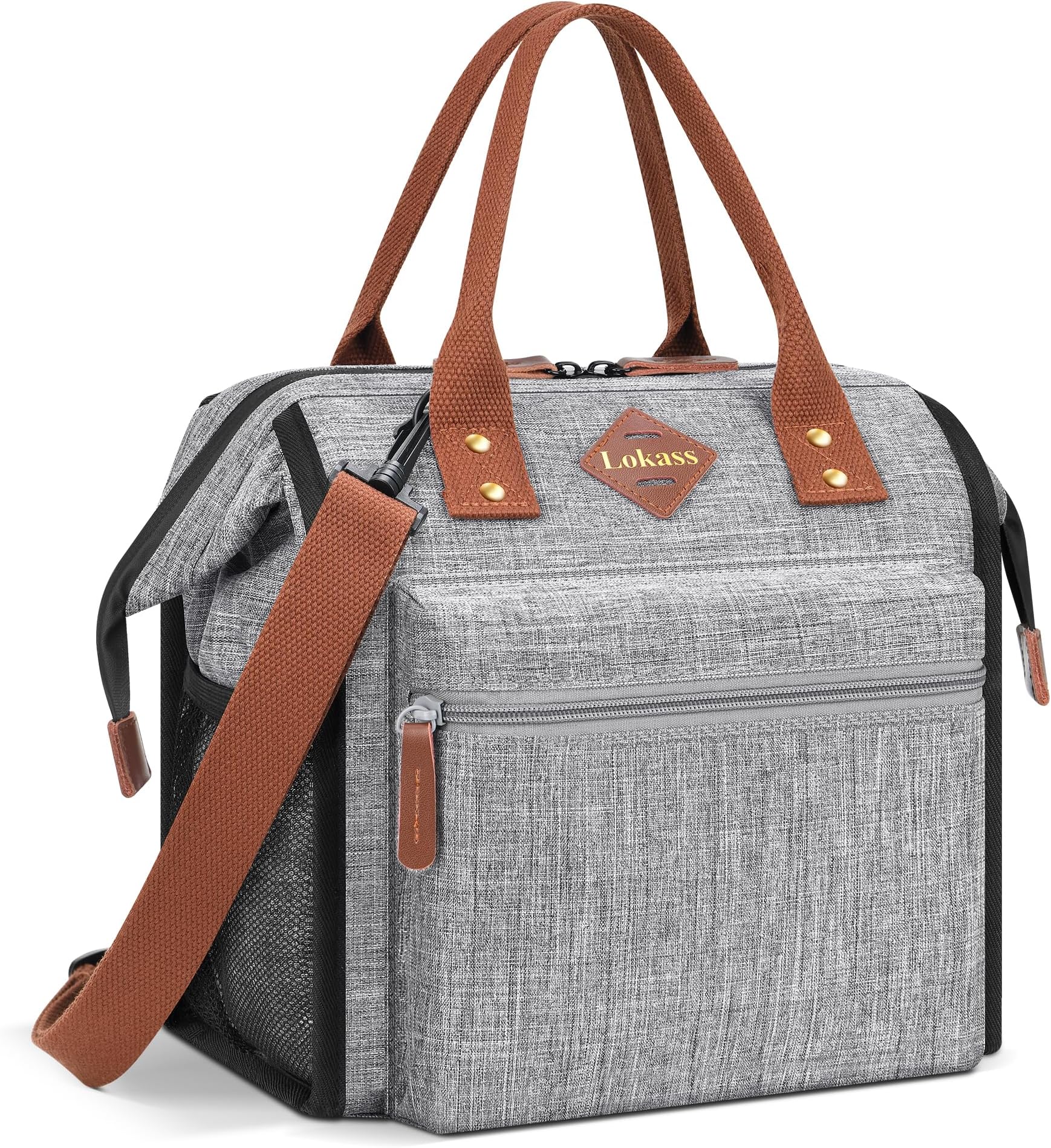 LOKASS Leak-proof Lunch Box for Women Insulated Lunch Cooler Bag Thermal Lunch Tote with Removable Shoulder Strap for Men Adults Large Picnic Bag for Office Work Outdoor, Grey