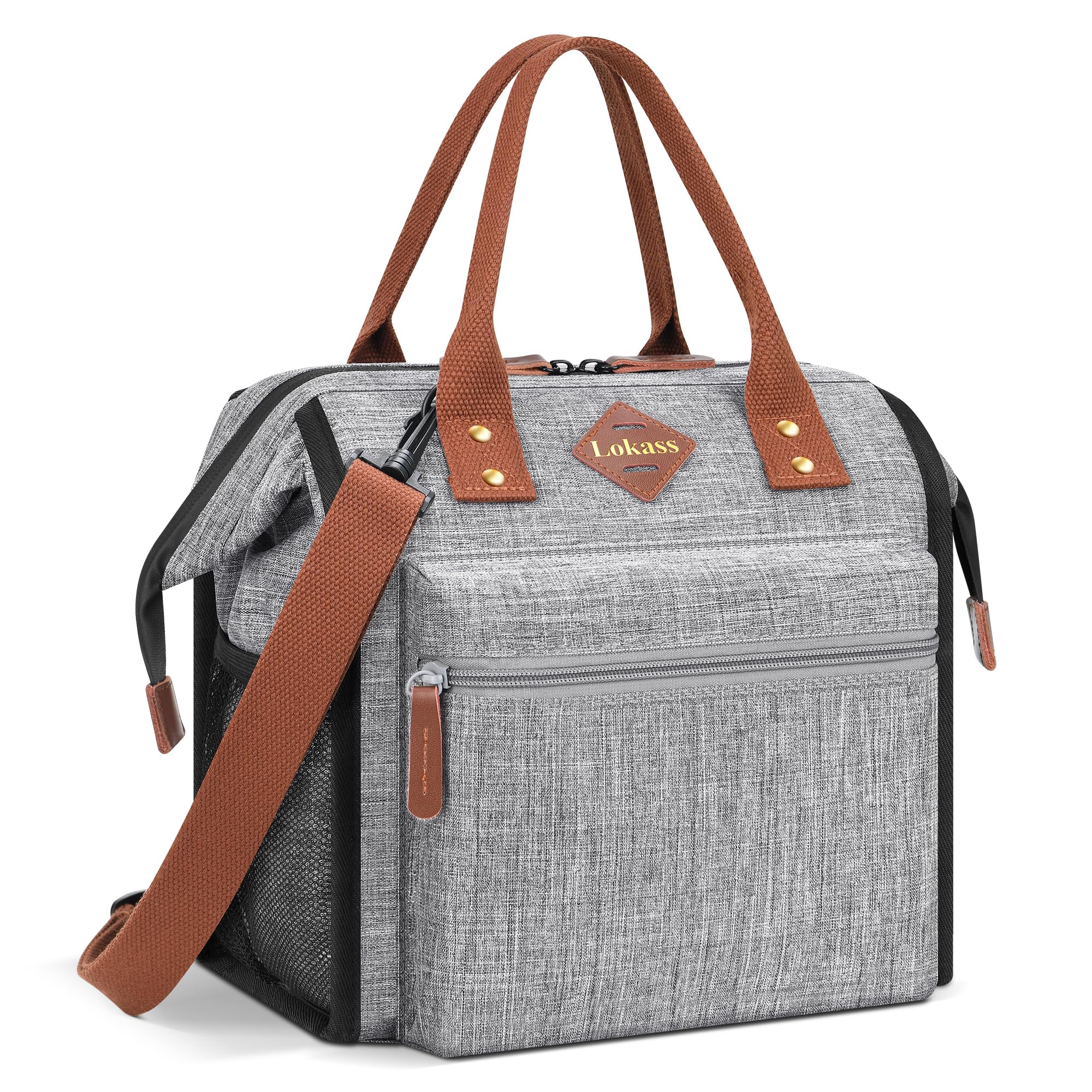 LOKASS Leak-proof Lunch Box for Women Insulated Lunch Cooler Bag Thermal Lunch Tote with Removable Shoulder Strap for Men Adults Large Picnic Bag for Office Work Outdoor, Grey