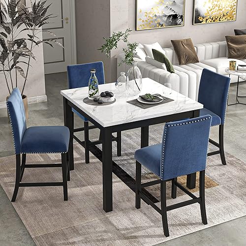 LZ LEISURE ZONE 5-Piece Counter Height Dining Table Set, Faux Marble Dining Table and 4 Upholstered-Seat Chairs Set, Kitchen Dining Set for 4, Kitchen and Living Room Furniture, White+Blue