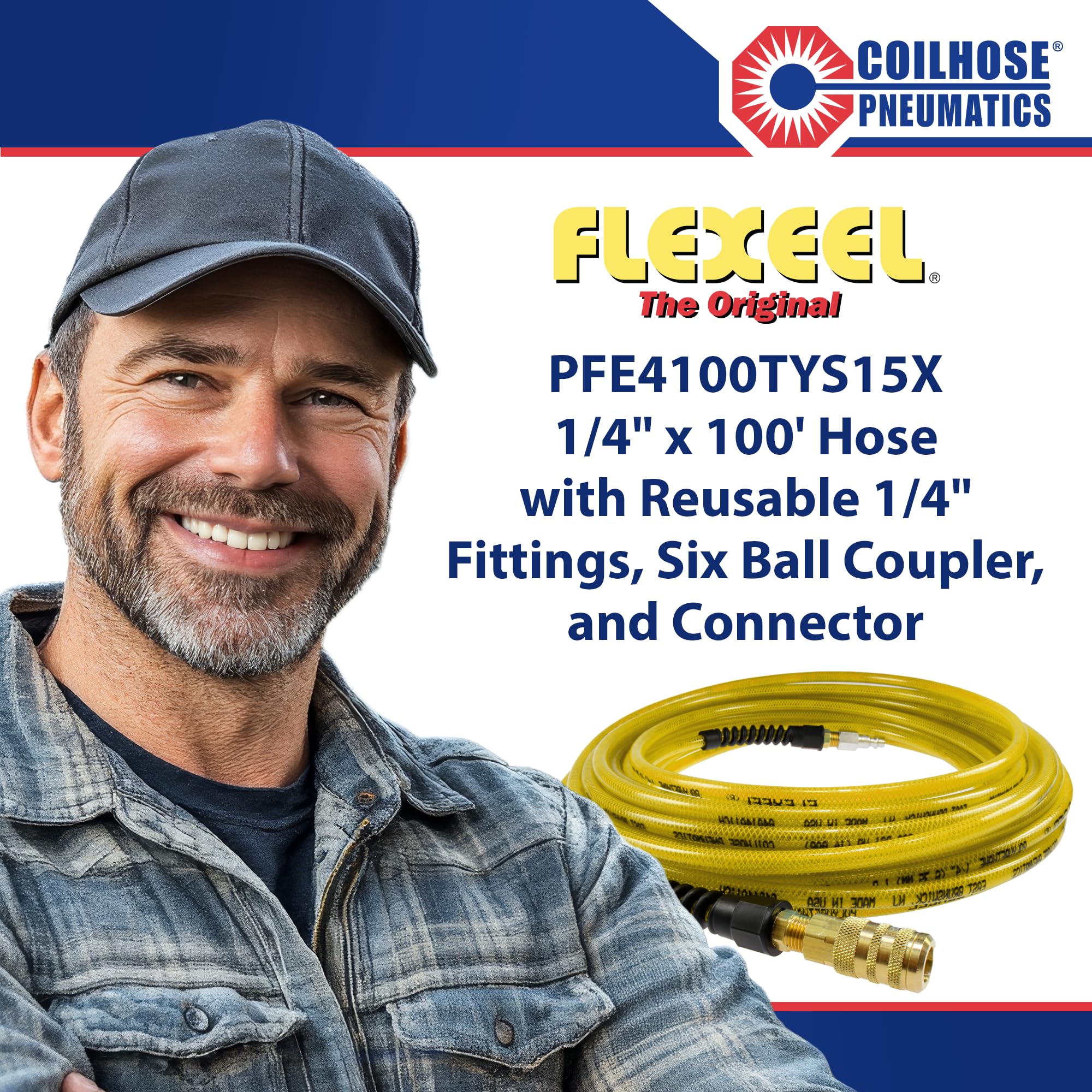 Coilhose PFE4100TYS15X Flexeel - Manguera de aire de poliuretano reforzada, 1/4" ID, 100' de longitud con acoplador y conector industrial de 1/4", color amarillo transparente