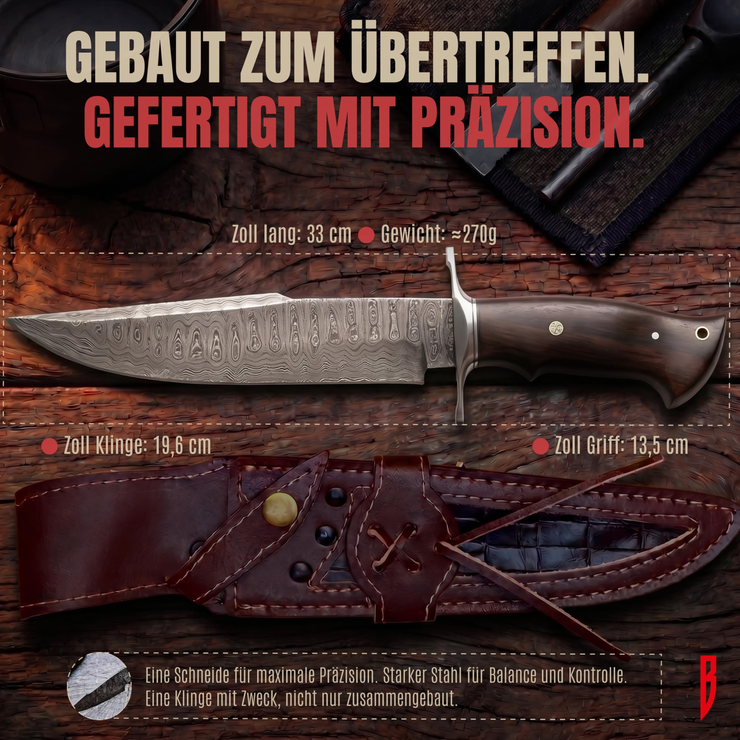 BIGCAT ROAR Raptor Damaststahl Jagdmesser 13,2 Zoll - Full Tang - Walnussholzgriff & Lederscheide - Bushcraft Outdoor Camping Survival Jagd