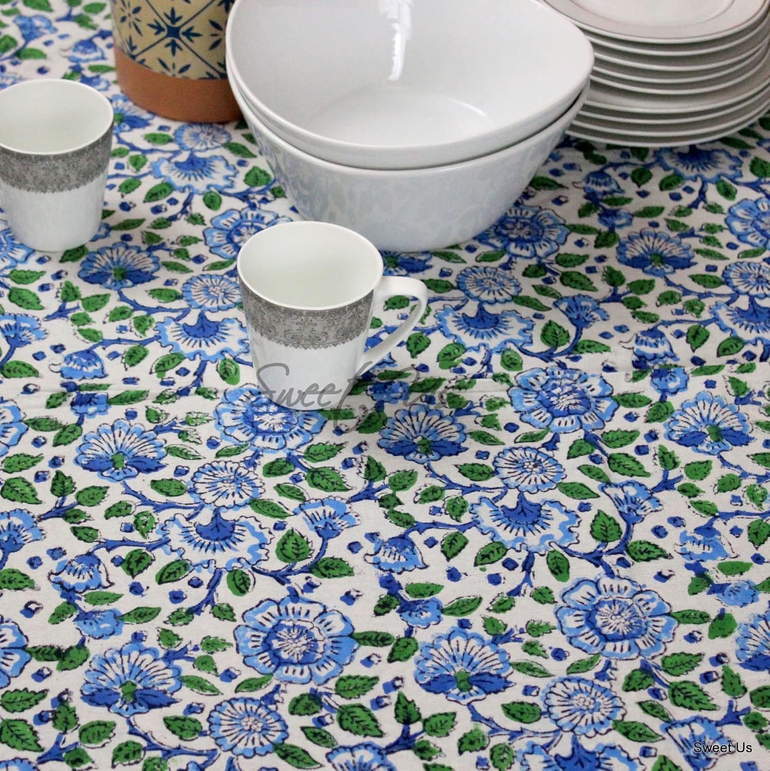 Sweet Us Block Print Royal Paisley Floral Tablecloth for Rectangle Tables, White Cotton Floral Kitchen Dining Table Cloth, Table Cover for Indoors, Outdoors, Ultramarine Blue, 58 x 88 in