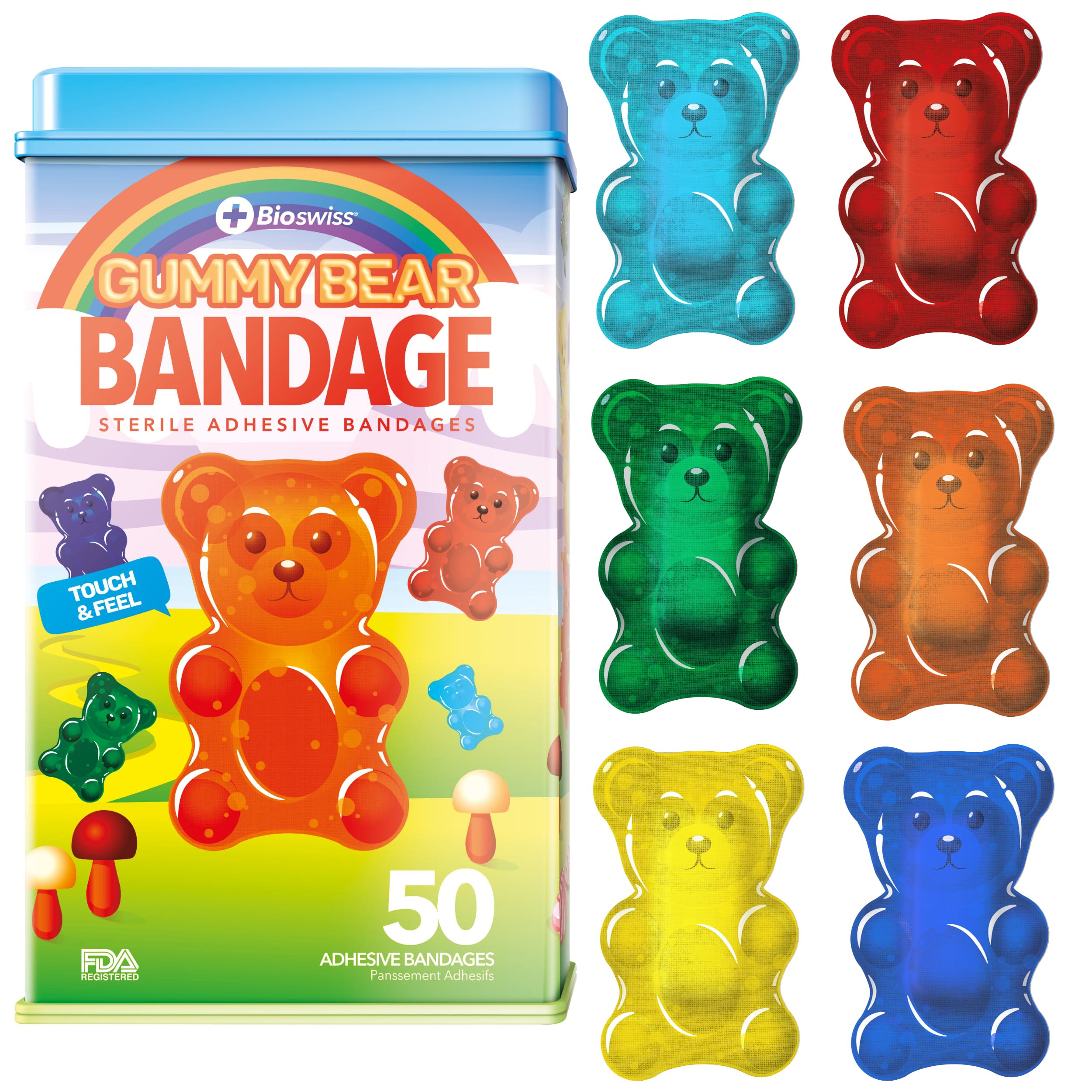 BioSwiss Bandages, Gummy Bear Shaped Self Adhesive Bandage Set, Latex Free, Sterile Wound Care, 50 Count