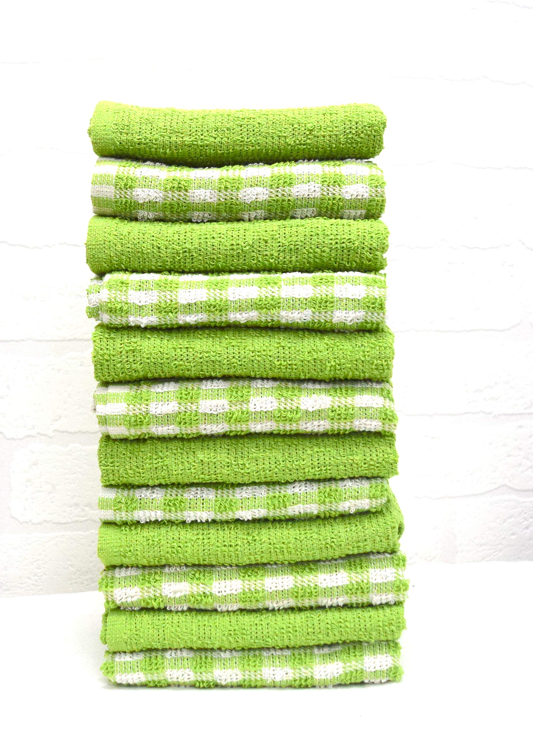 A & B TRADERS100% Cotton Terry Tea Towels Packs (Sets of 2, 3, 6, 12 or 15) Egyptian Mono Check Superdry Soft Professional Hotel Quality Kitchen Dish Cloth (Green, 12)