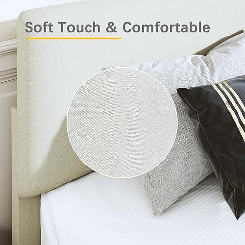 Miniatura 6 de Base de cama Queen con cabecera ajustable, tapizada, plataforma de tela de lino, soporte de listones de madera, no necesita somier, fácil montaje,