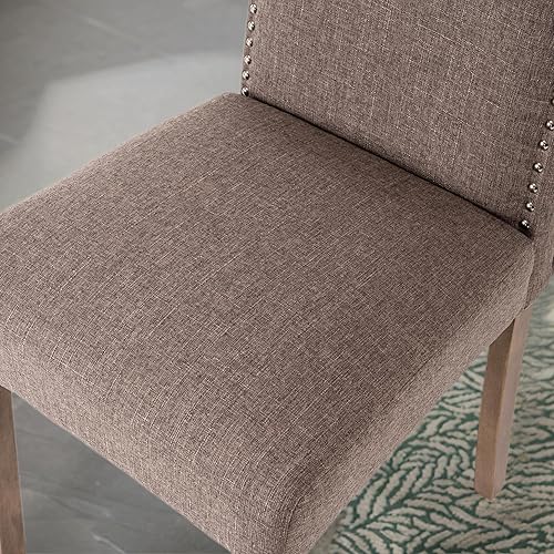 Miniatura 9 de Silla de comedor tapizada elegante Parsons para cocina con ribete plateado de cabeza de clavo y patas de madera, paquete de 2, tela marrón