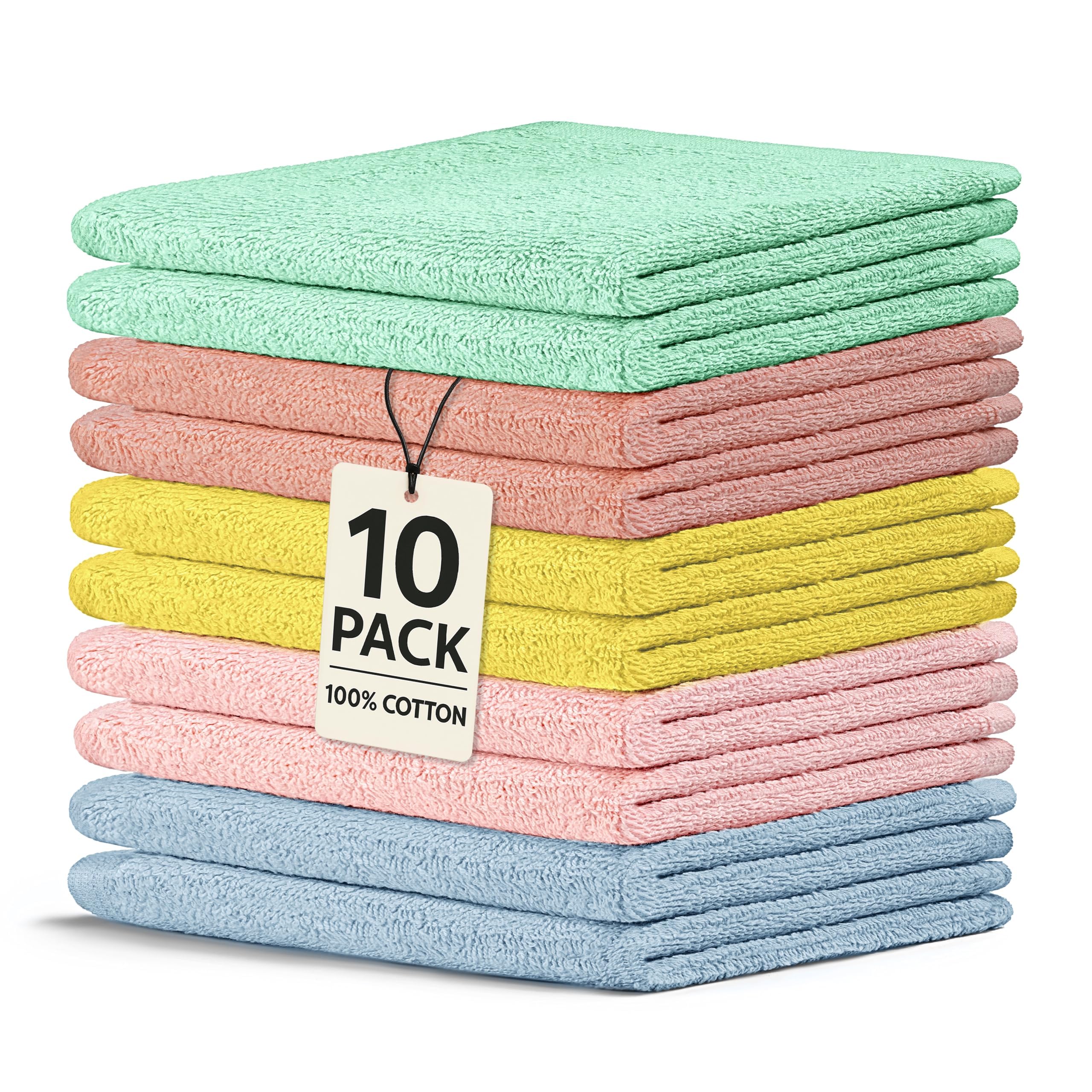 Crystal Ridge Cotton Wash Cloths 10 Pack - Washcloths for Showering, Face and Body, Soft and Highly Absorbent Multipurpose Towels for Bathroom,