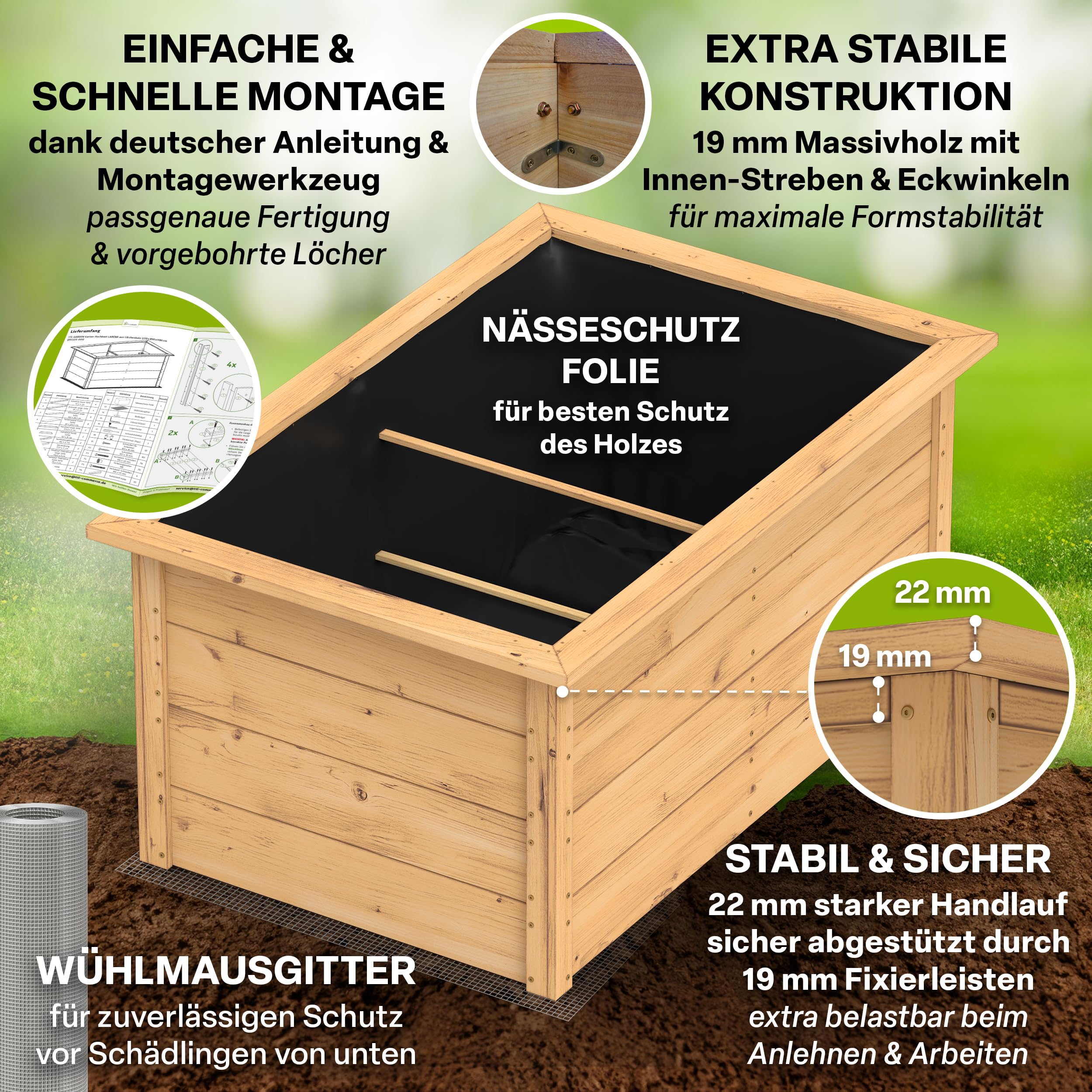 TTL GARDEN 170x90x84cm LARENA L Holz Hochbeet - Garten Hochbeet aus Holz | - Hochbeet Kit & Kräuterbeet Set Bausatz mit Wühlmausgitter Holzhochbeet wetterfest - für Gemüse Kräuter & Blumen - Braun