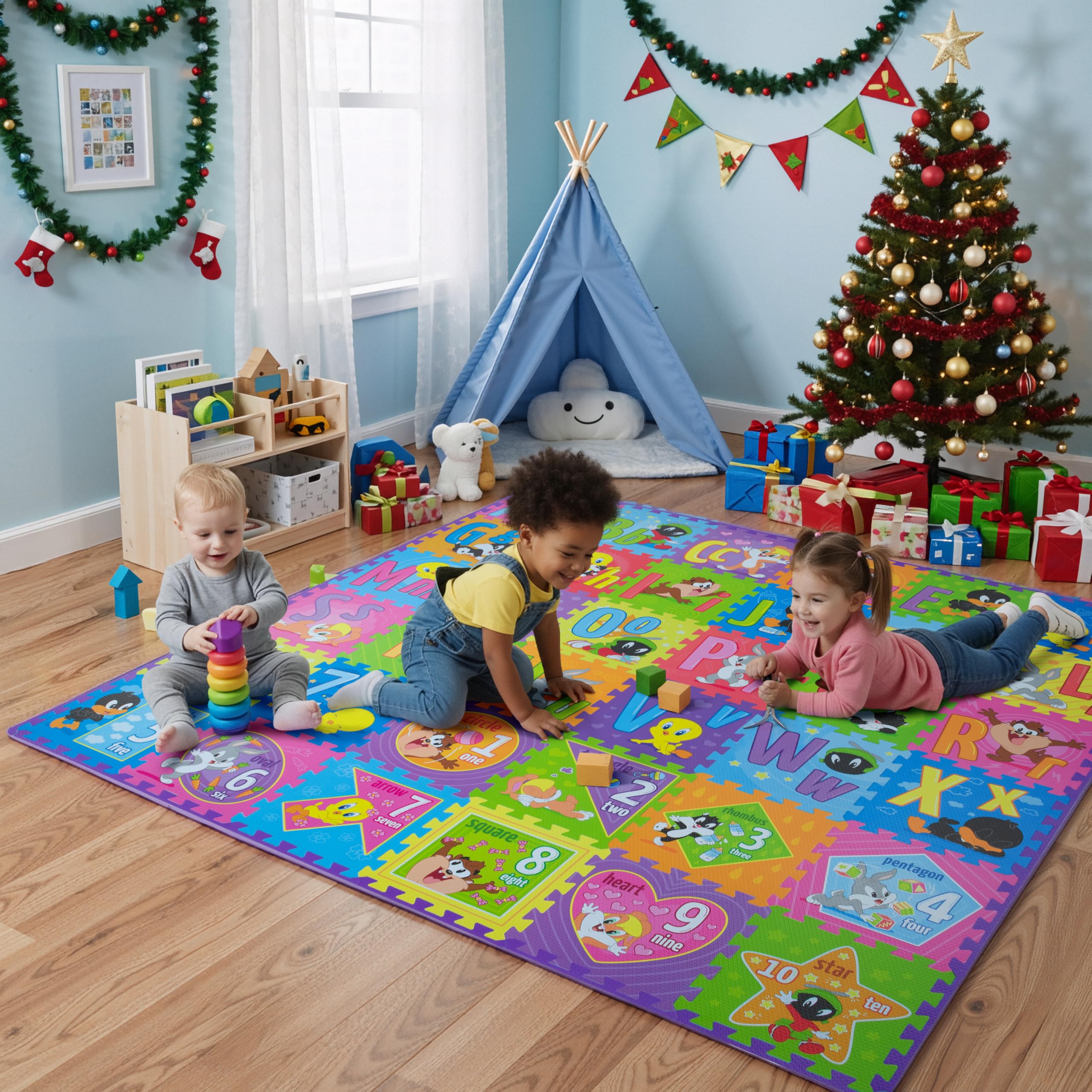 Looney Tunes ABC, Numbers & Shapes EVA Foam Puzzle Mat Non-Toxic Play Mat for Tummy Time, Kids Preschool & Nursery - 36 Tiles, 12x12”, 24 Borders - Educational Playmat for Toddlers & Children, KC Cubs