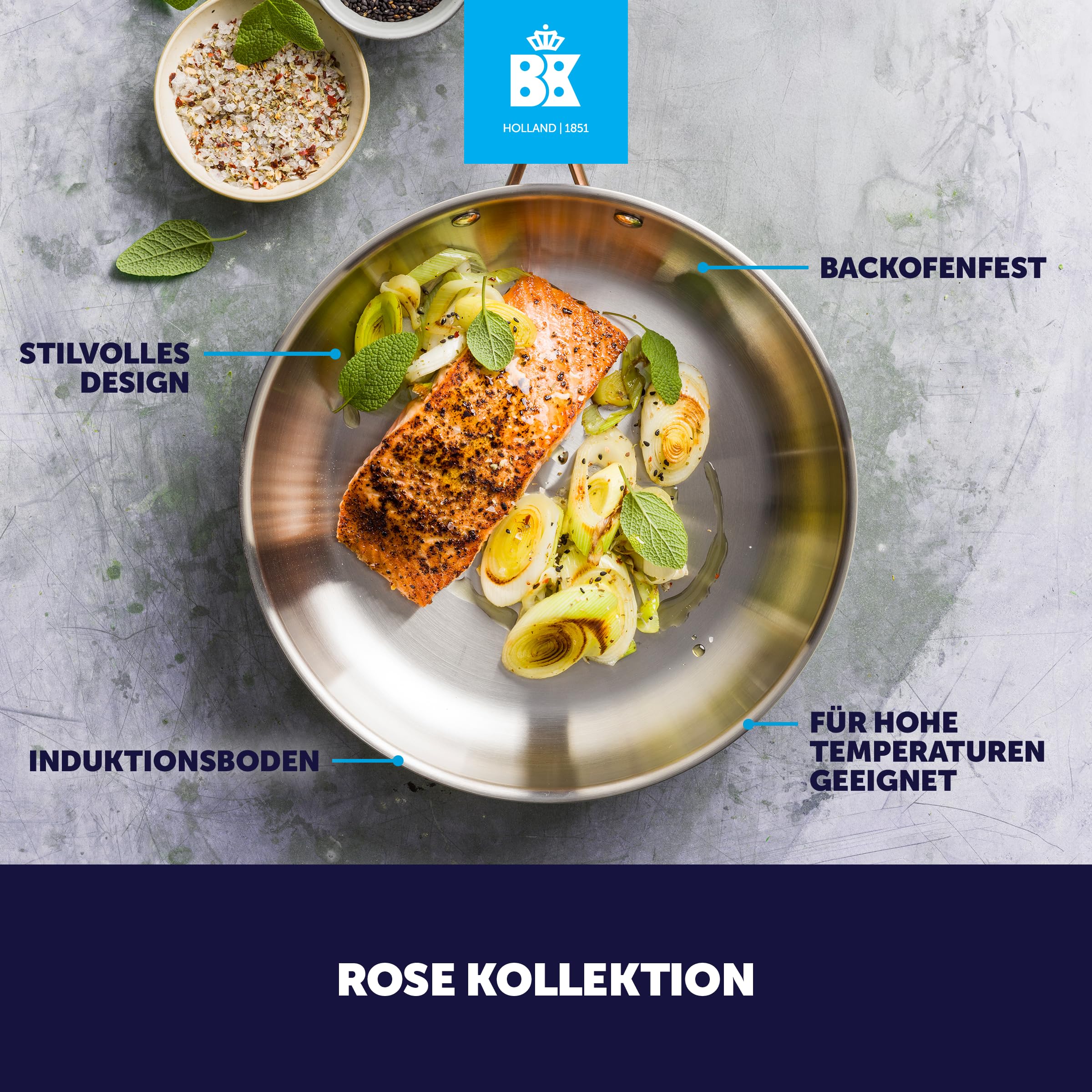 BK Rose Set di 3 Padelle in Acciaio Inox 18/10 Ø 20/24/28 cm, Senza Rivestimento, Compatibili Induzione, Lavabili in Lavastoviglie, Adatte al Forno, Argento